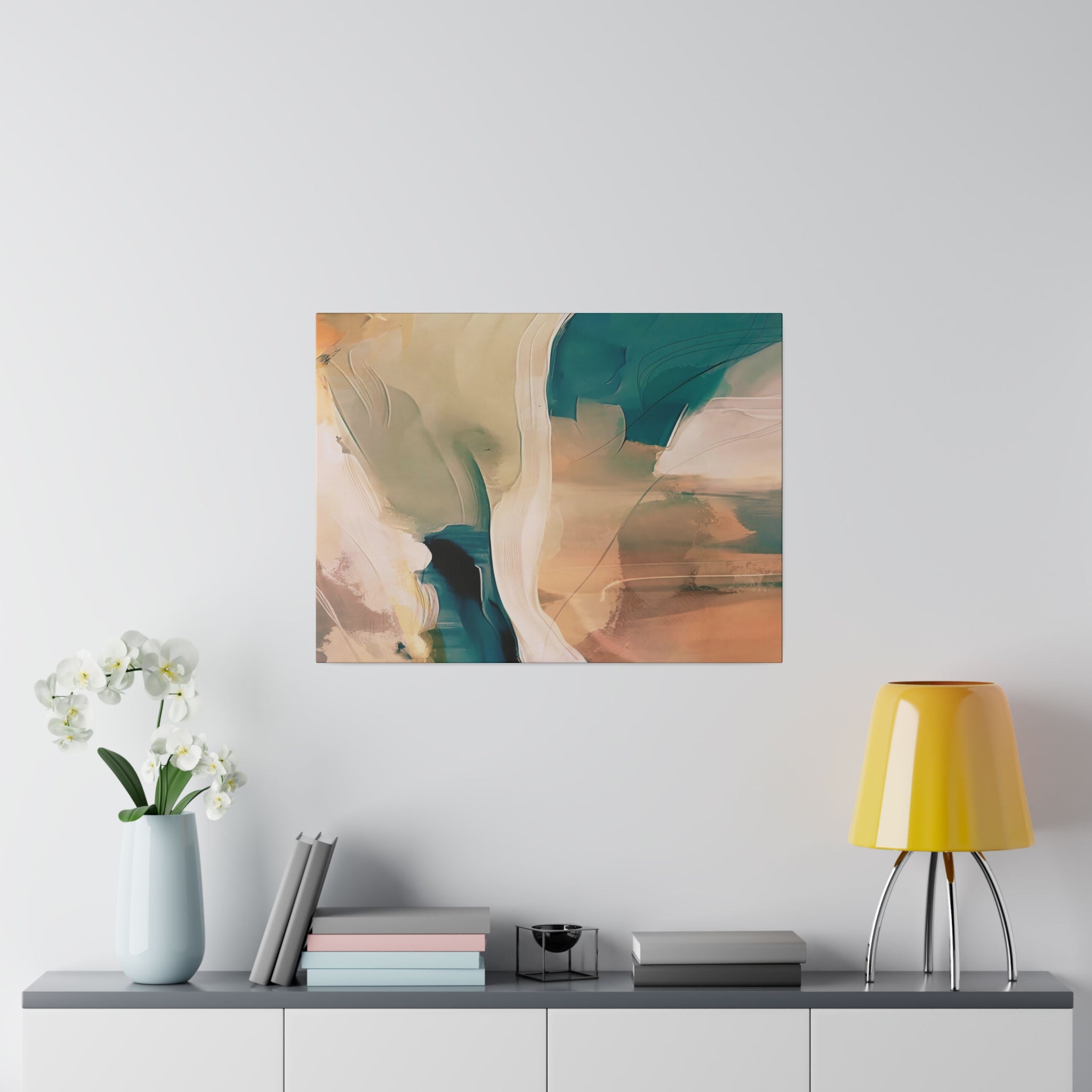 Earthy beige and teal abstract canvas wall art displayed on a living room gallery wall