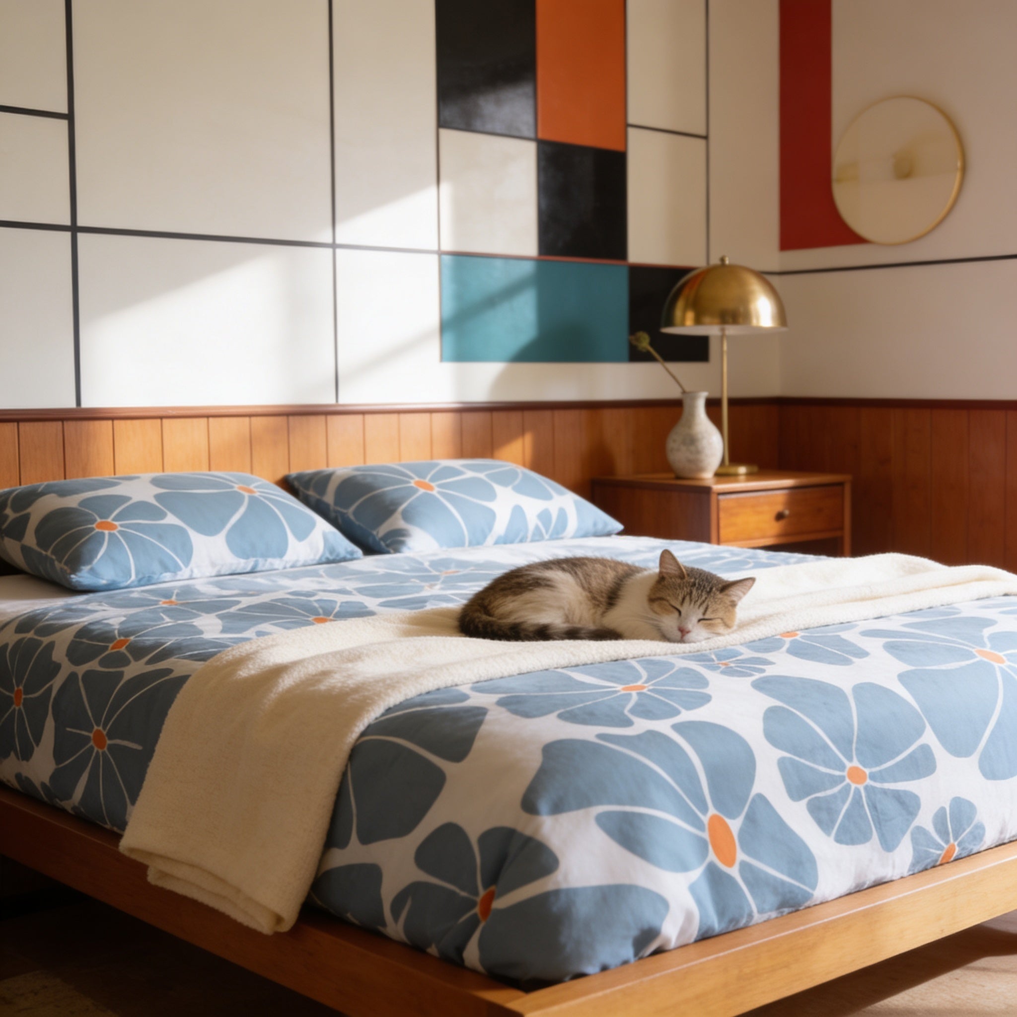 A cat is curled up and sleeping on a bed with a blue and white floral comforter.