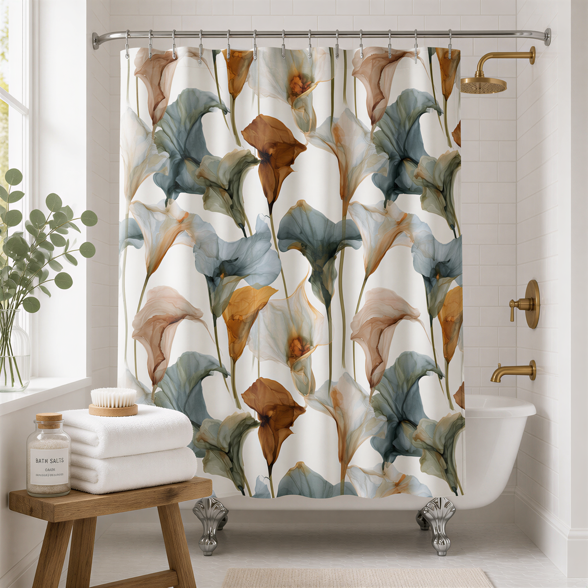 a bathroom with a shower curtain adorned with a floral pattern in shades of blue, green, and brown. The shower curtain is hanging from a rod above a white bathtub, which has a gold faucet. The bathroom also includes a wooden bench, a vase of greenery, and a towel rack.