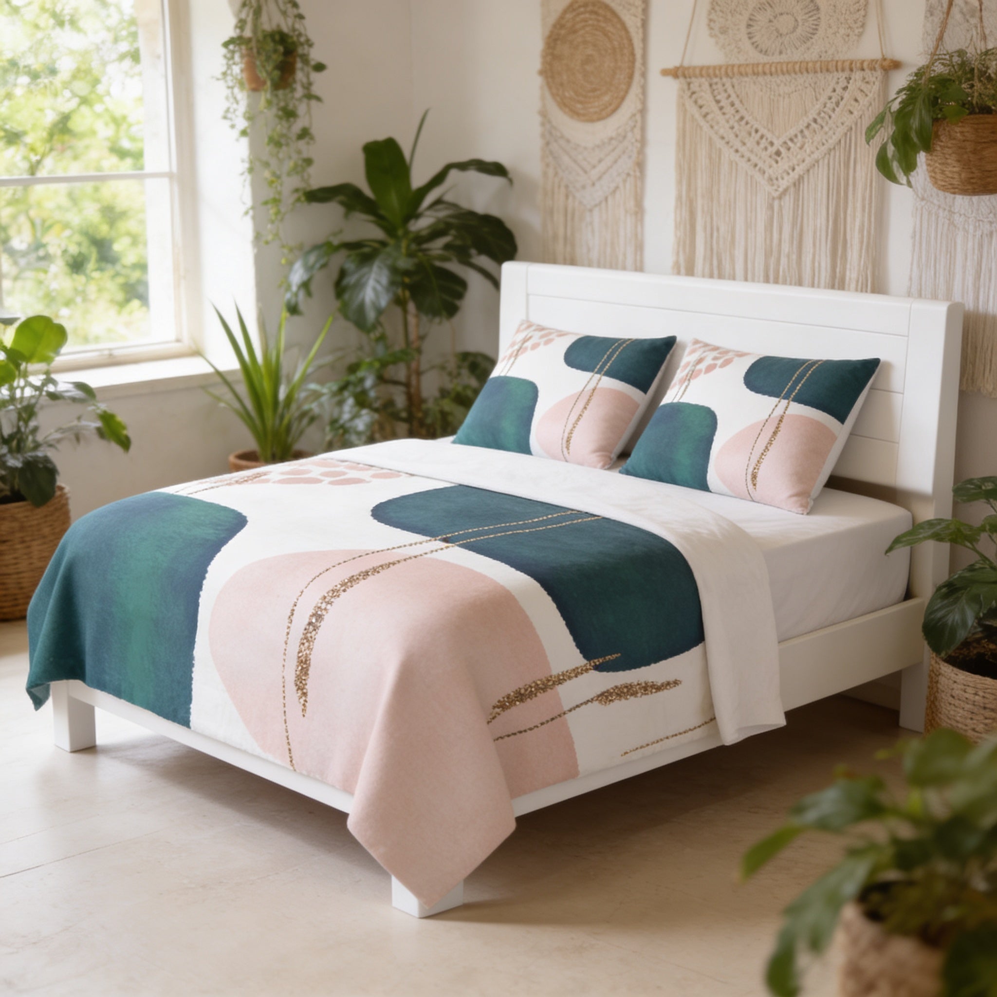 a cozy bedroom with a white bed frame, a colorful abstract patterned bedspread, and several potted plants surrounding the room.