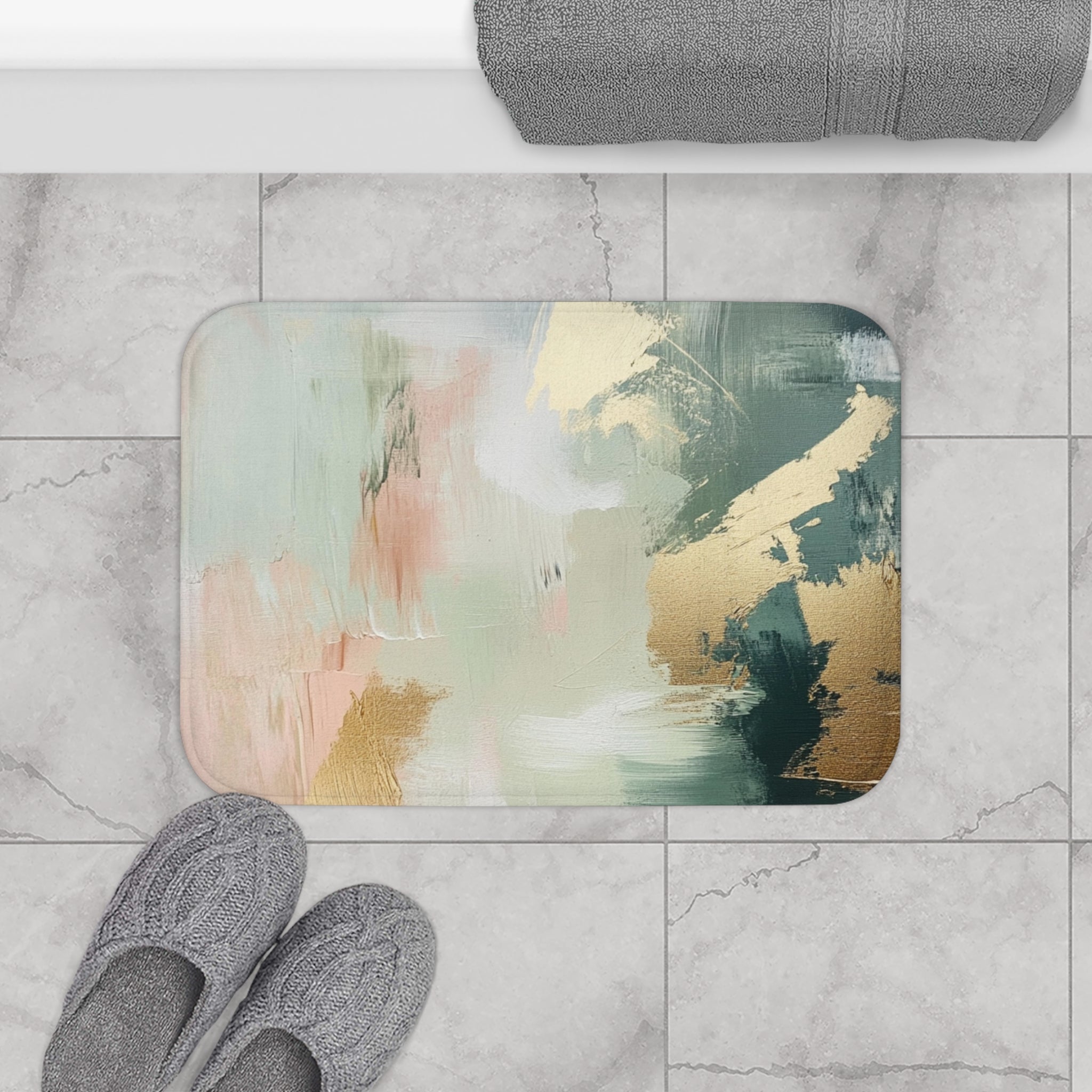 Abstract Bath Mat | Green Watercolor Geometric Kitchen Mat