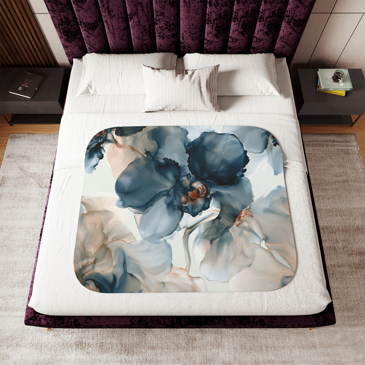 a bed with a purple headboard and white sheets