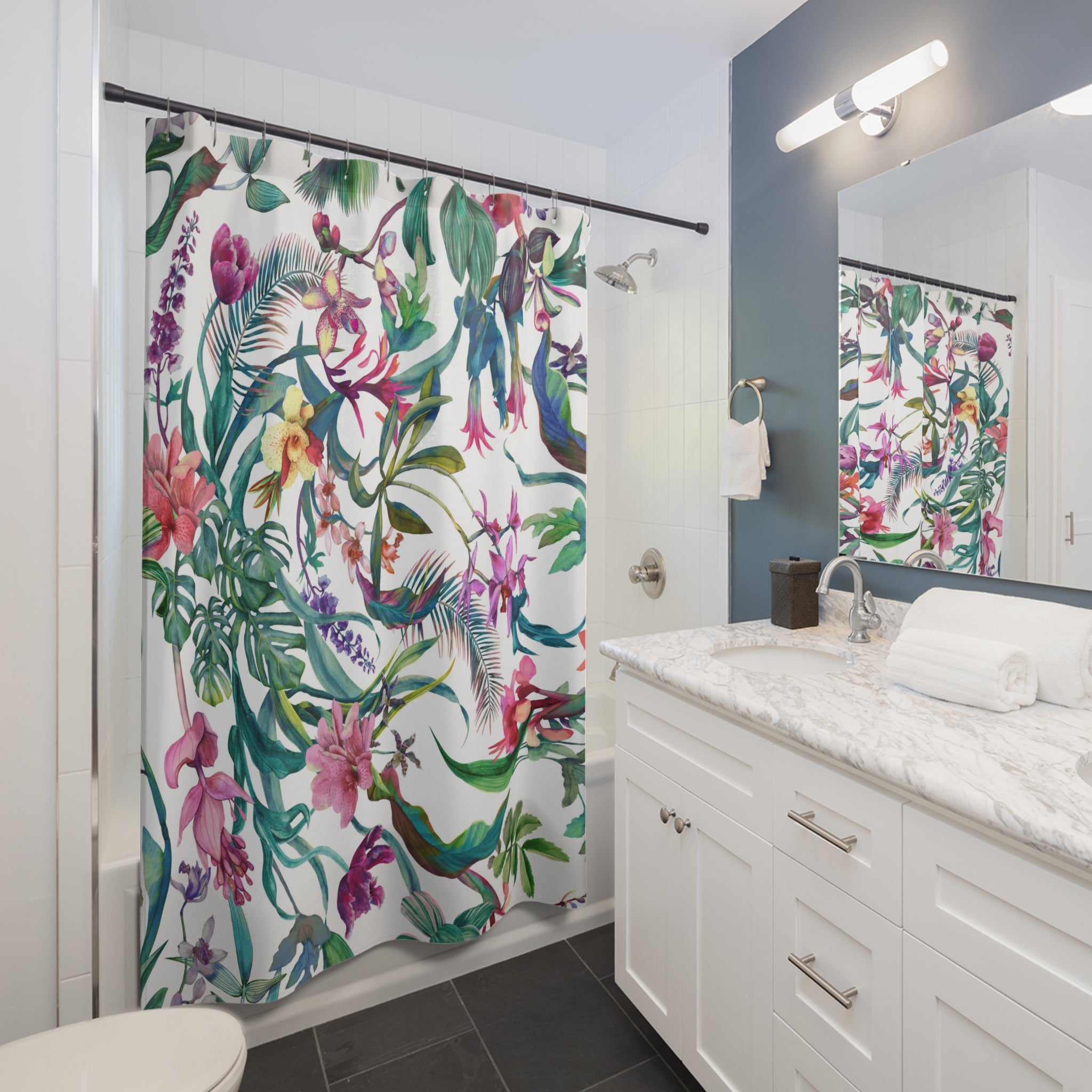 Floral Shower Curtain | Jungle Tropical Curtain, White Green Pink