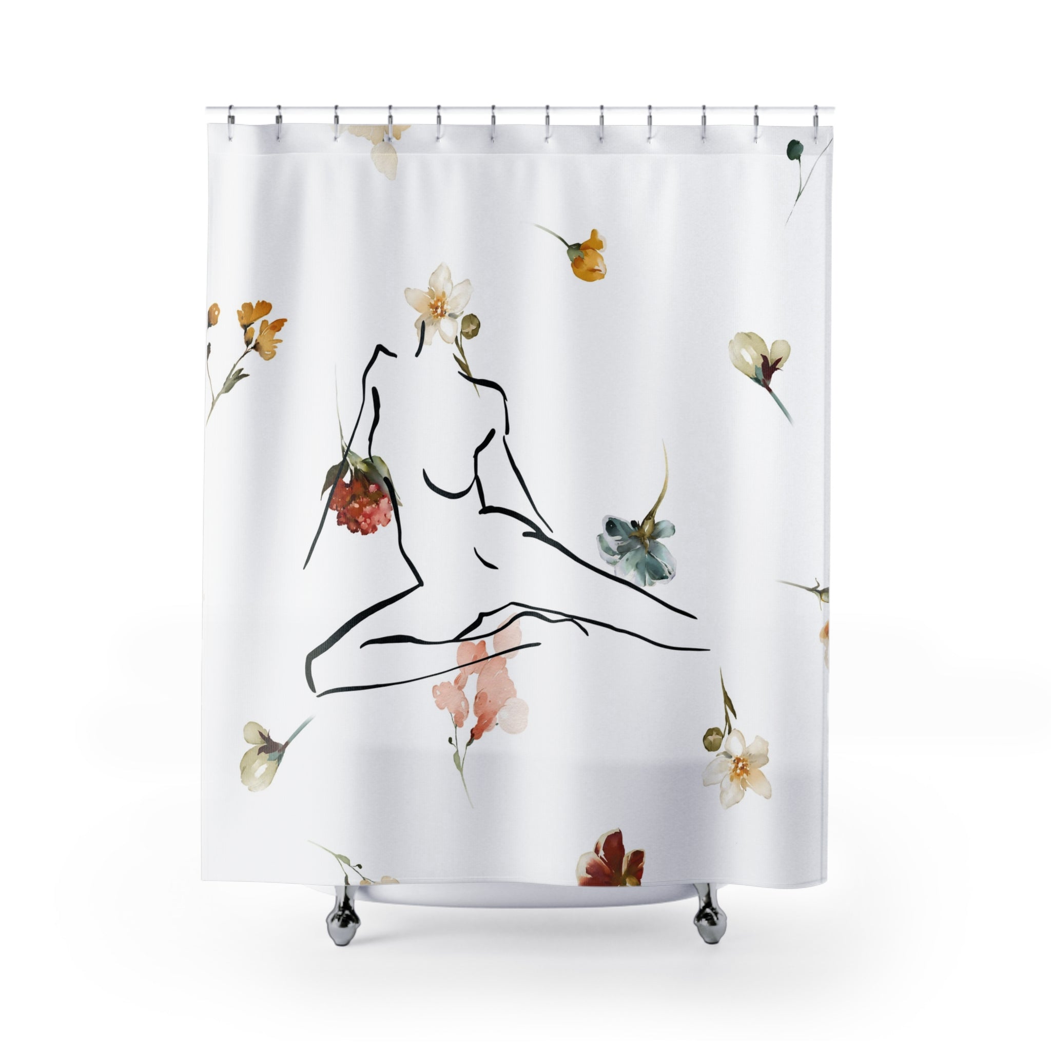 Floral Shower Curtain | Colorful White Black Female Line Art
