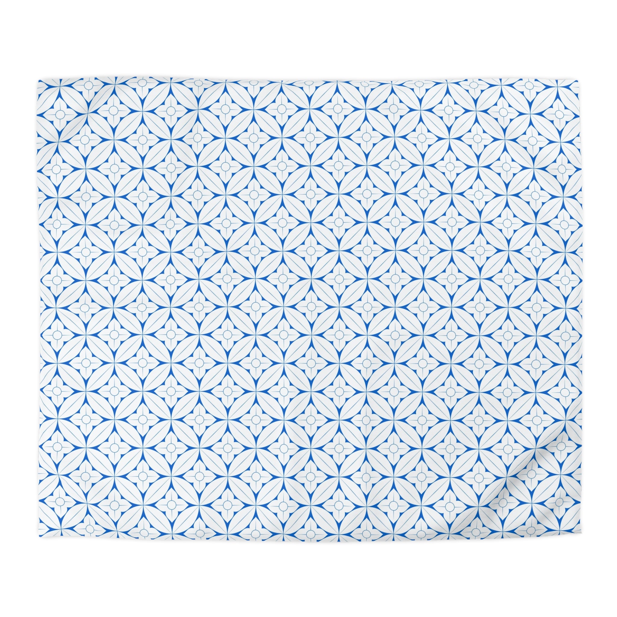 a repeating pattern of blue and white geometric shapes, creating a visually striking and symmetrical design.