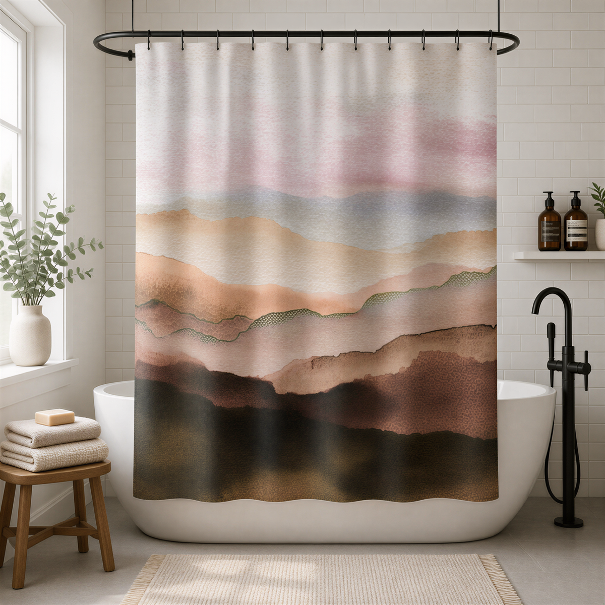 a bathroom with a shower curtain featuring a landscape scene, including mountains and hills. The shower curtain is hanging from a rod above a white bathtub. The bathroom also includes a wooden stool, a shelf with bottles, and a potted plant.