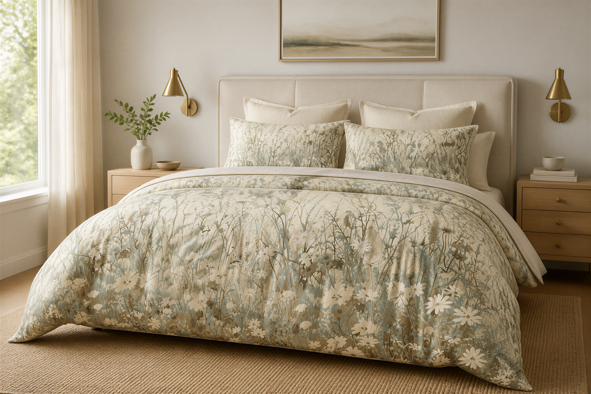 a serene and well-decorated bedroom with a large bed, a nightstand, and a painting on the wall.