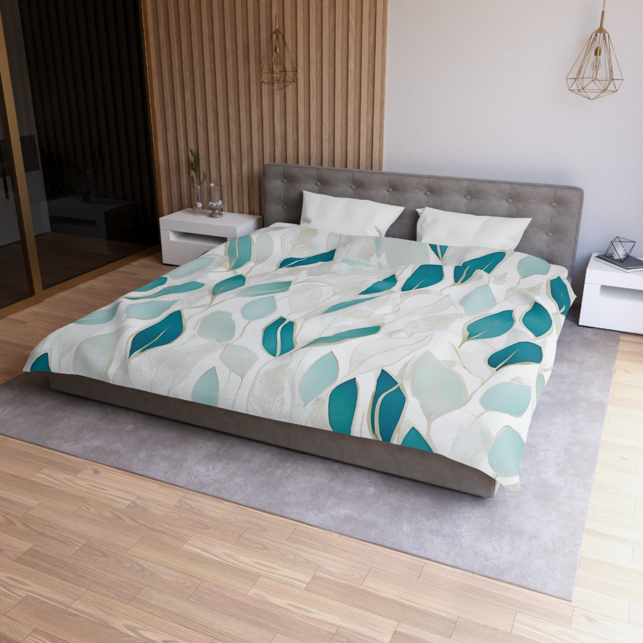 Floral Duvet Cover | White, Tea Mint Green Blue Leaves | Bedroom Decor