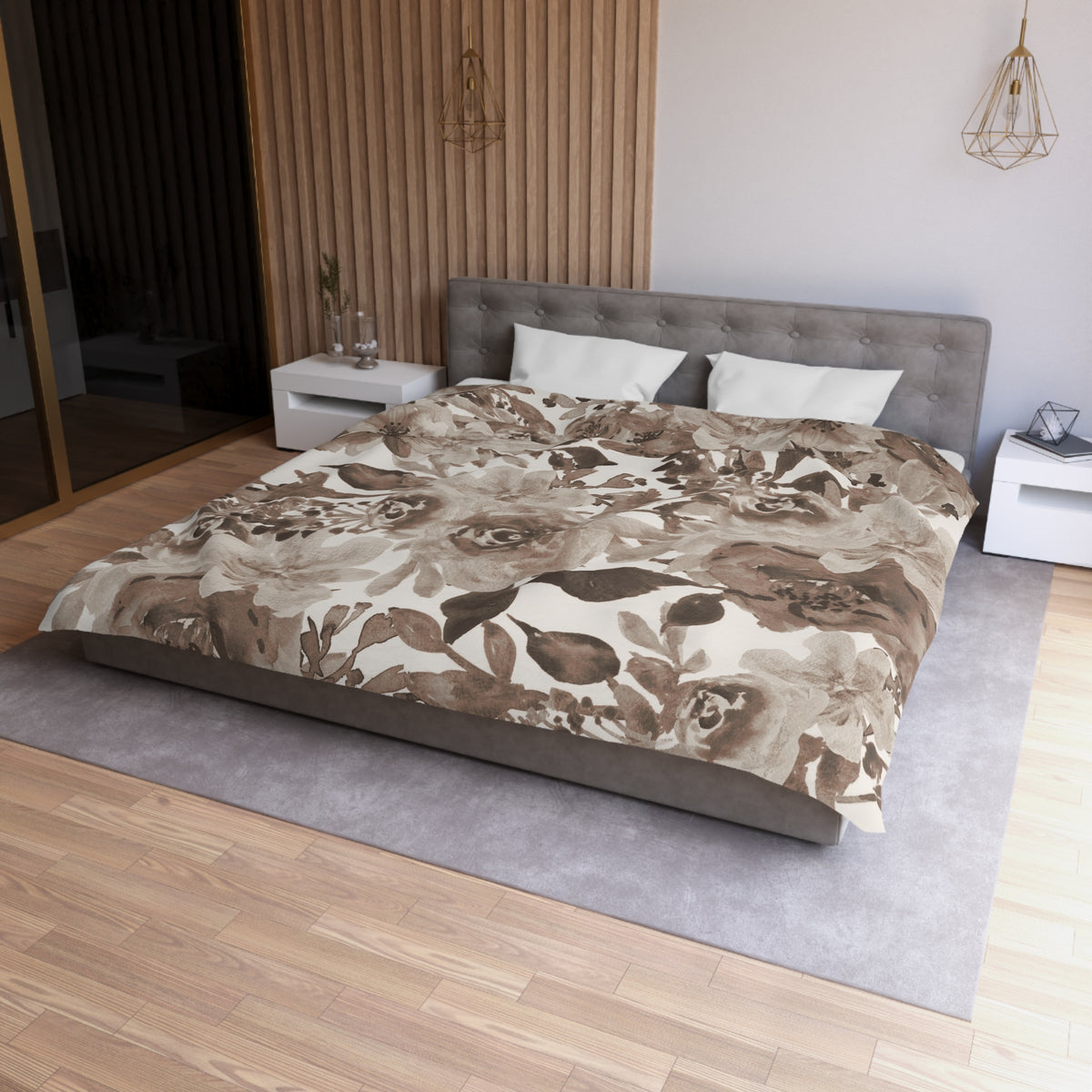 Taupe Peony Duvet Cover | Mocha Brown Watercolor Floral Bedding