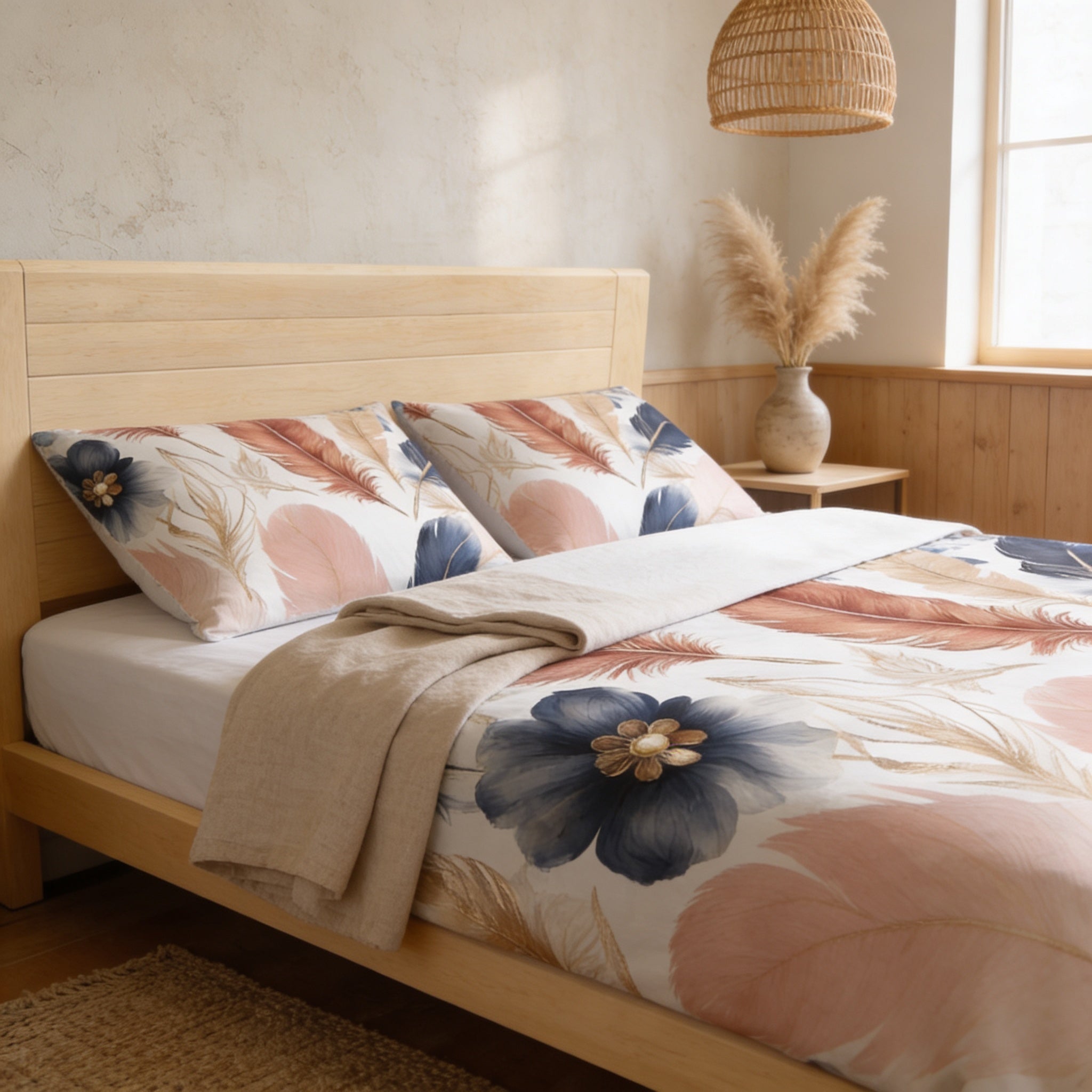 a cozy bedroom with a wooden bed frame, a floral bedding set, and a woven light fixture hanging above the bed.