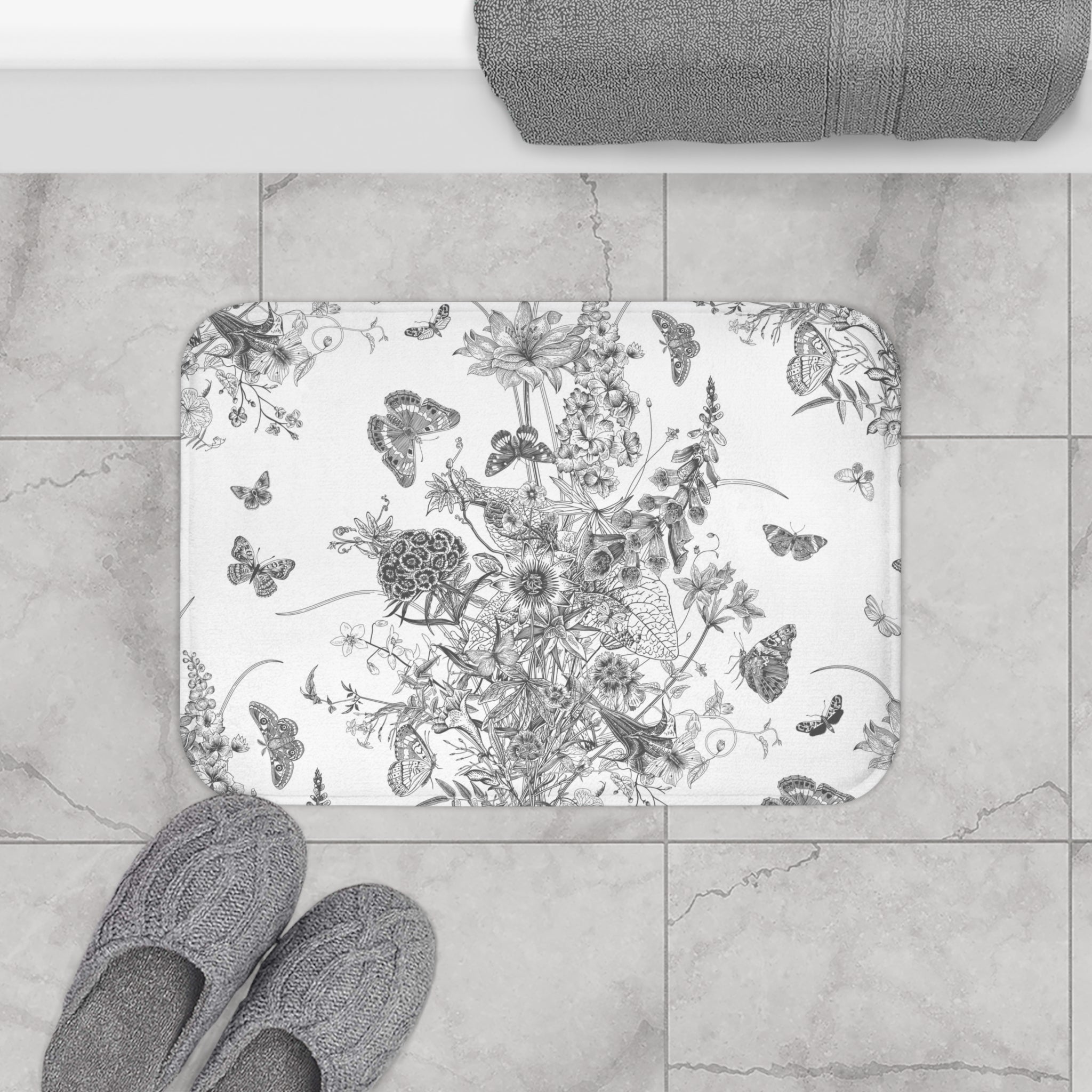 Vintage Bath Mat | Grey White, Butterflies Floral Kitchen Mat
