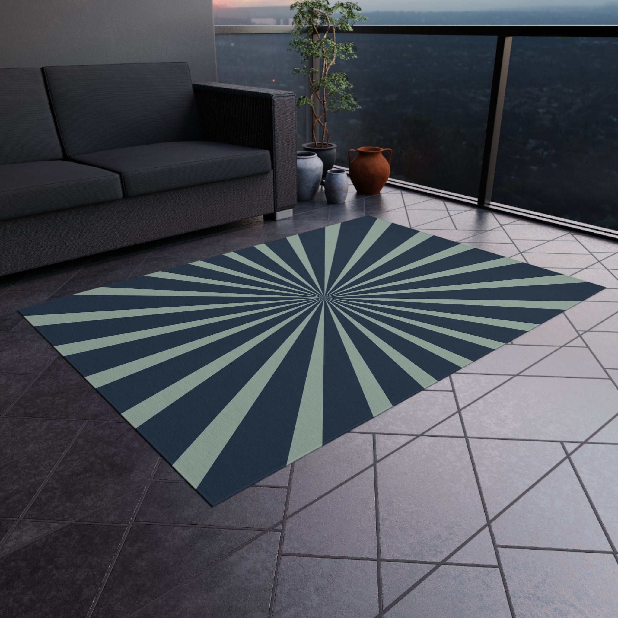 Retro Sun Ray Outdoor Rug | Mid Century Navy Blue
