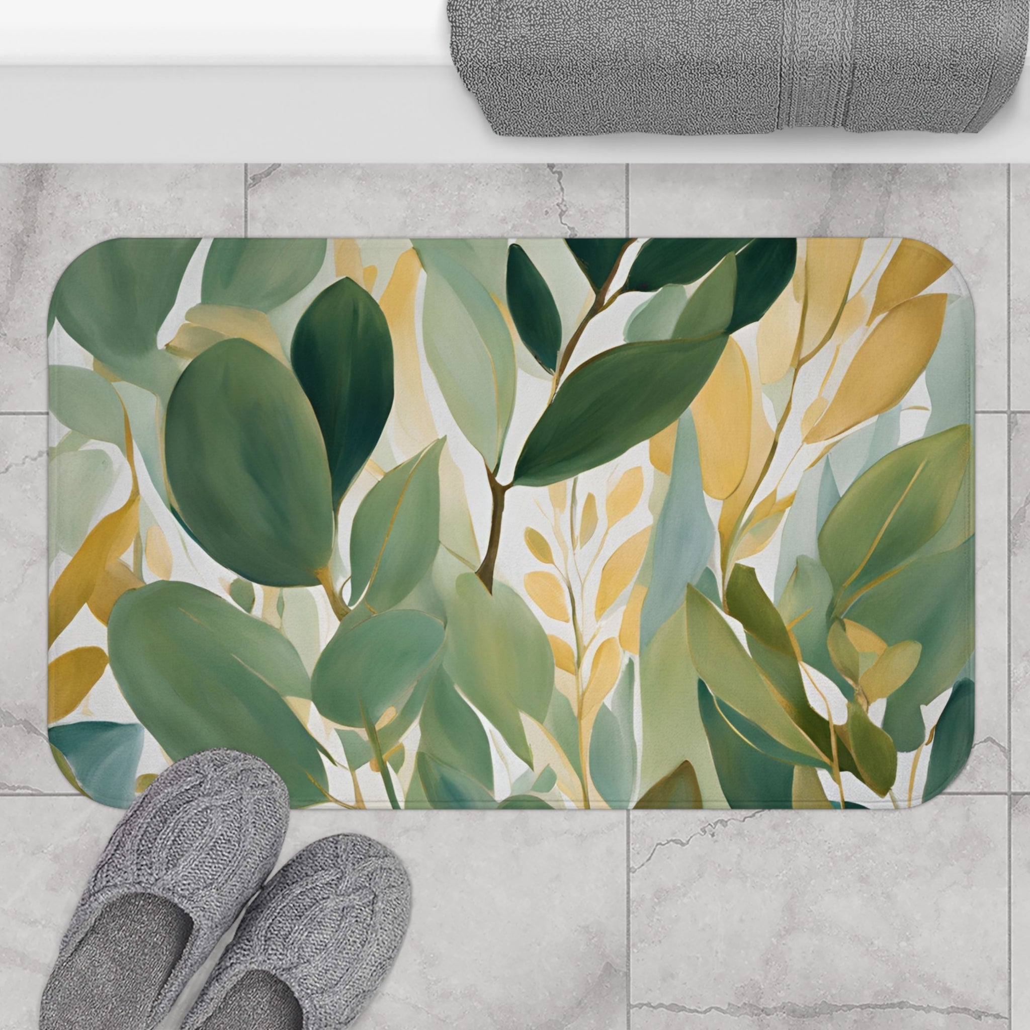 Boho Abstract Bath Mat | Sage Teal Green, Beige Leaves, Tropical Kitchen Mat