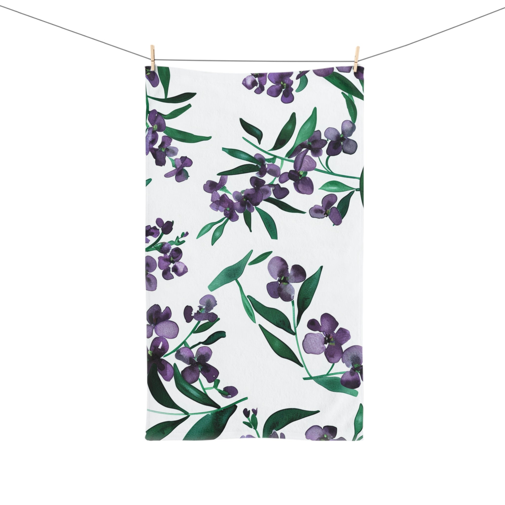 Floral Kitchen, Bath Hand Towel | Botanical White Purple, Green Watercolor