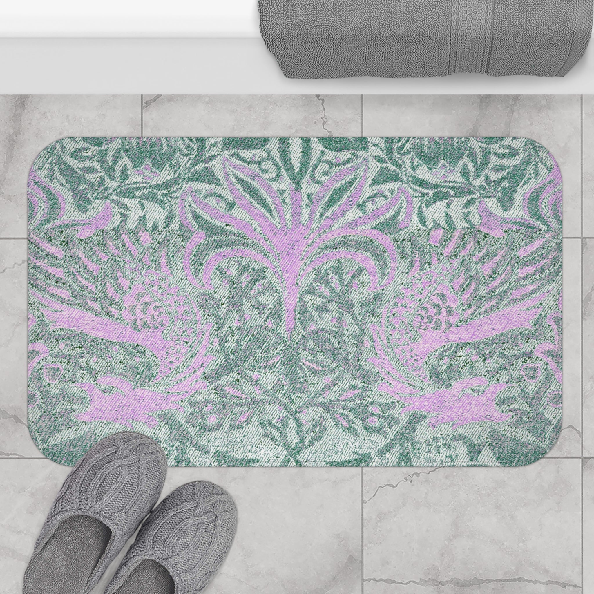 Abstract Bath Mat | Vintage Sage Green, Pink Whimsy Kitchen Mat