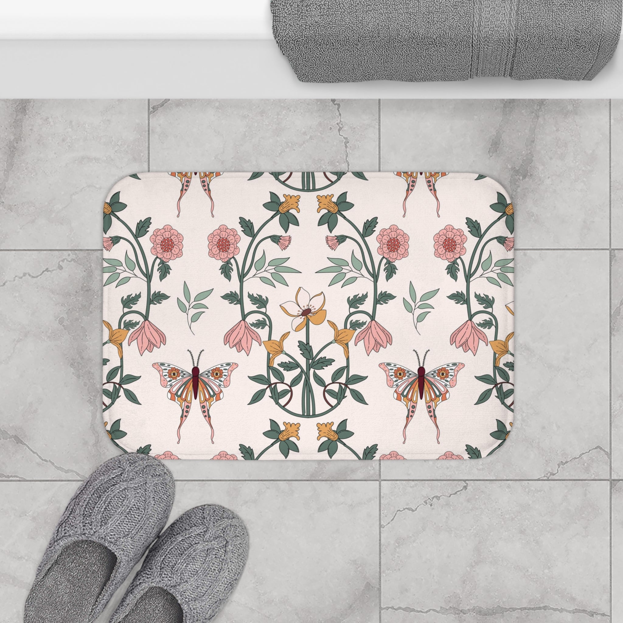 Boho Bath, Kitchen Mat, Rug | Blush Pink Floral Butterly
