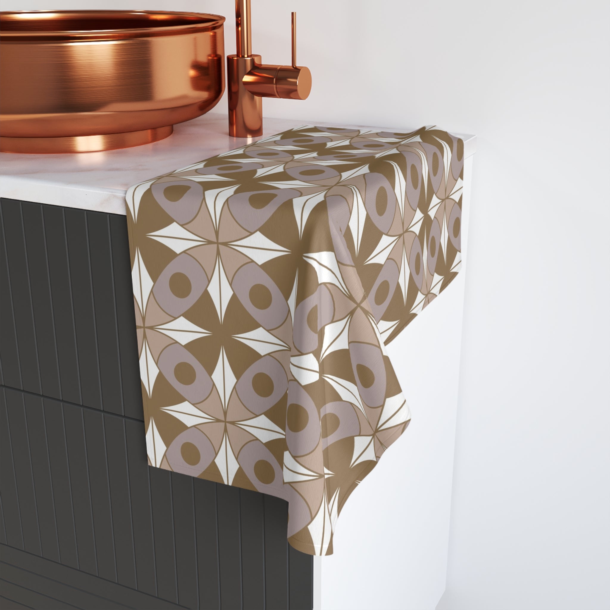 Retro Kitchen, Bath Hand Towel | Vintage Art Deco, Nouveau Taupe Beige, Grey