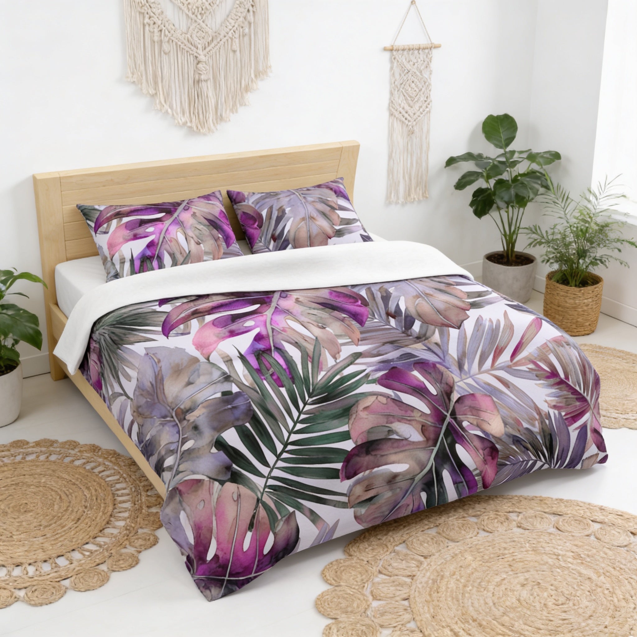 a bedroom with a bed adorned with a colorful, tropical-themed duvet cover. The duvet cover has a pattern of palm leaves and flowers in shades of purple and green. The bed is surrounded by various decorative elements, including a macrame wall hanging, a woven basket, and potted plants. The room has a clean, minimalist aesthetic with white walls and a wooden headboard.