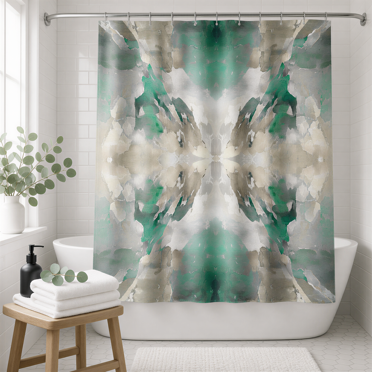 a bathroom with a shower curtain featuring a colorful abstract design in shades of green, gray, and white. The shower curtain is hanging from a rod above a white bathtub. In the foreground, there is a wooden stool and a small plant, adding a touch of nature to the space.
