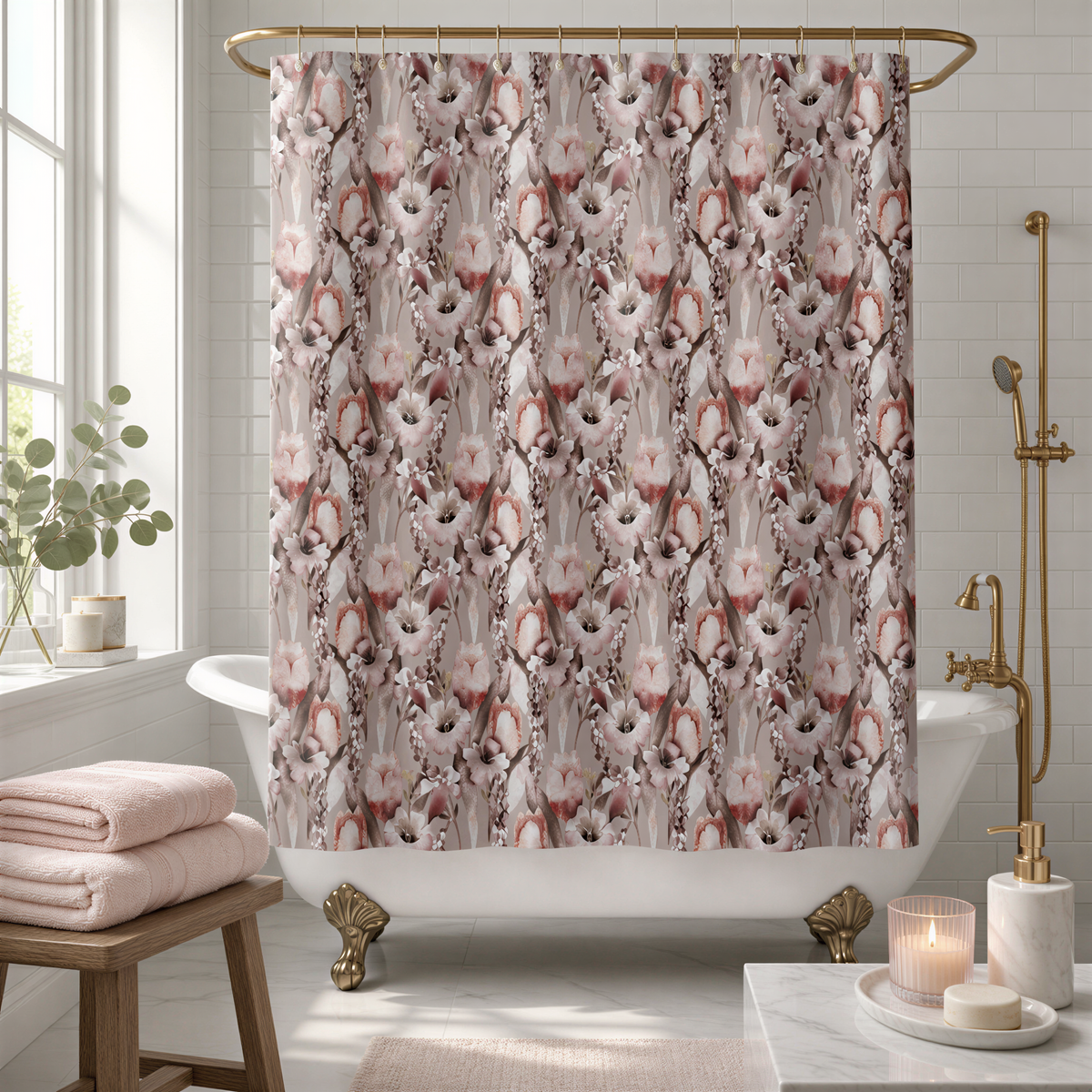 a bathroom with a white bathtub, a floral patterned shower curtain, and a wooden bench.