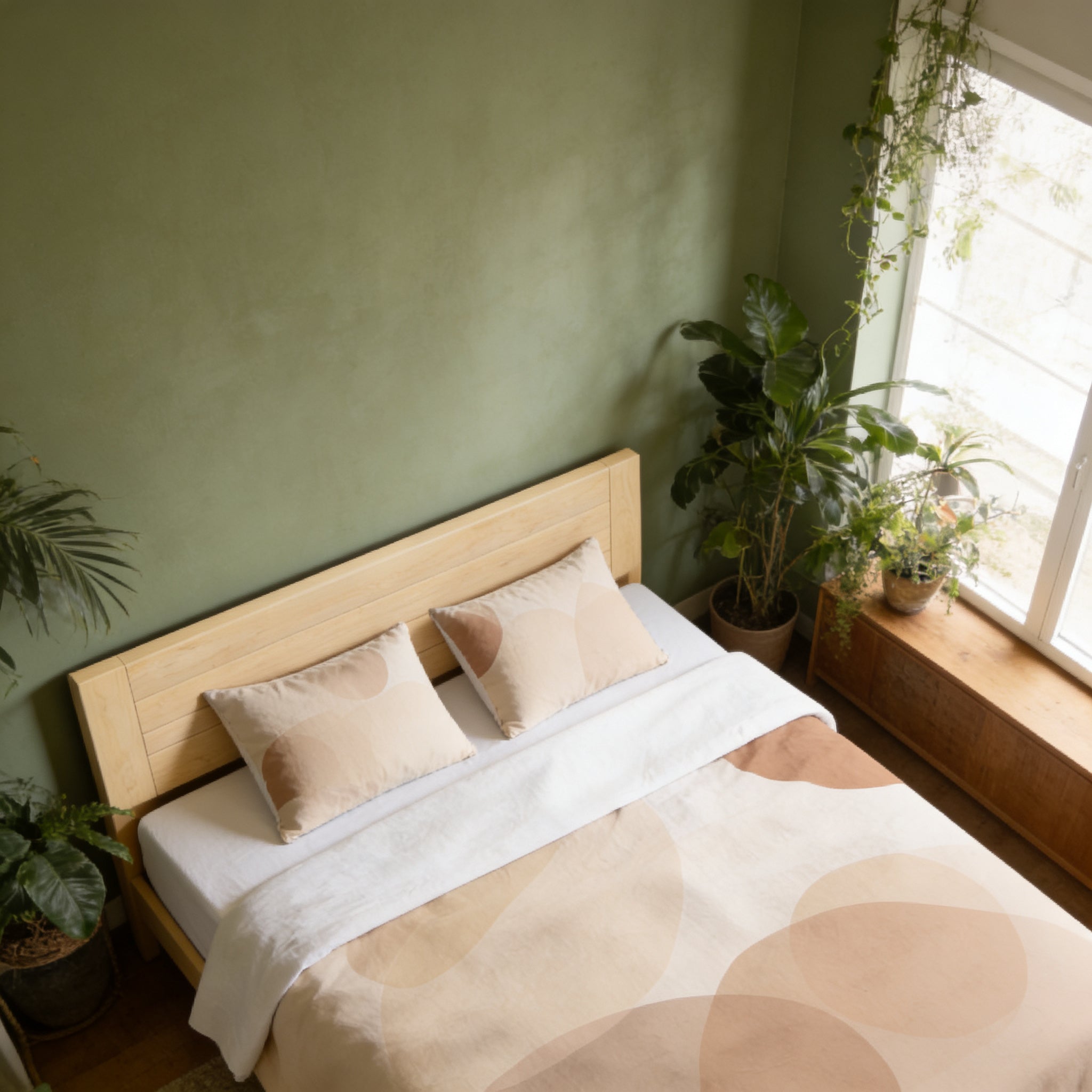 a serene bedroom scene with a bed, wooden headboard, and two pillows. The room has a soothing green color scheme, and there are several potted plants placed around the space, adding a touch of nature to the room.