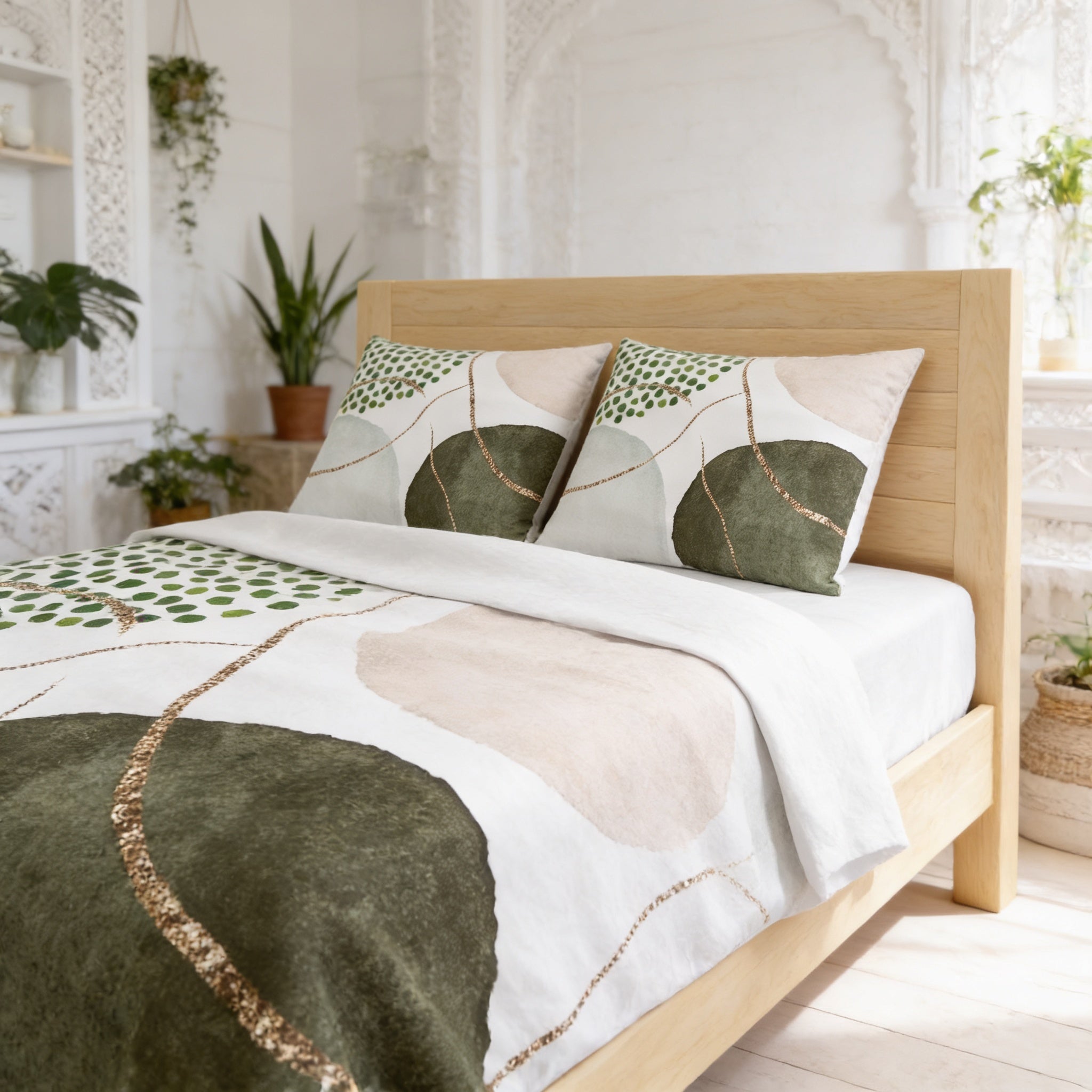 a bedroom with a wooden bed frame, a white and green patterned bedding set, and various potted plants and decorative items.