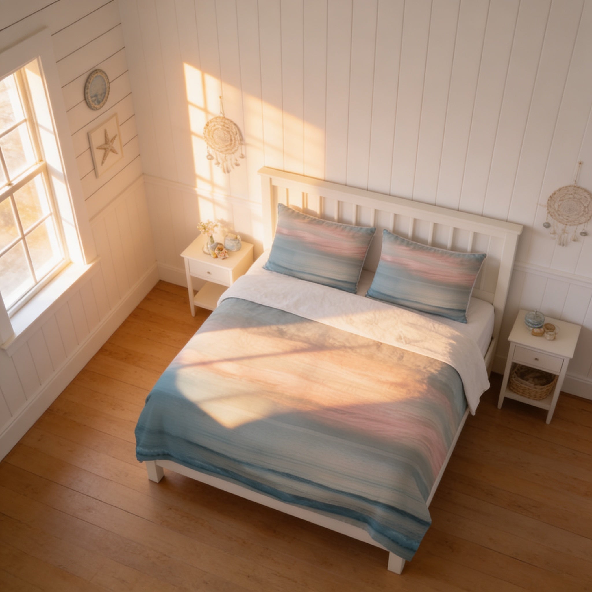 a cozy bedroom with a large bed, white wooden furniture, and a window that allows natural light to fill the space.