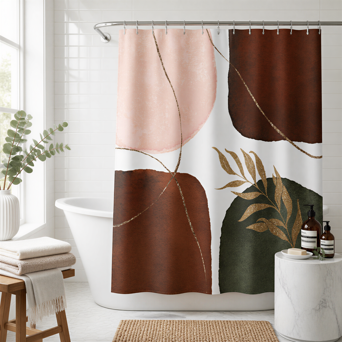 a bathroom with a white bathtub, a shower curtain with abstract designs in shades of brown and green, and a small table with bottles of soap and shampoo.