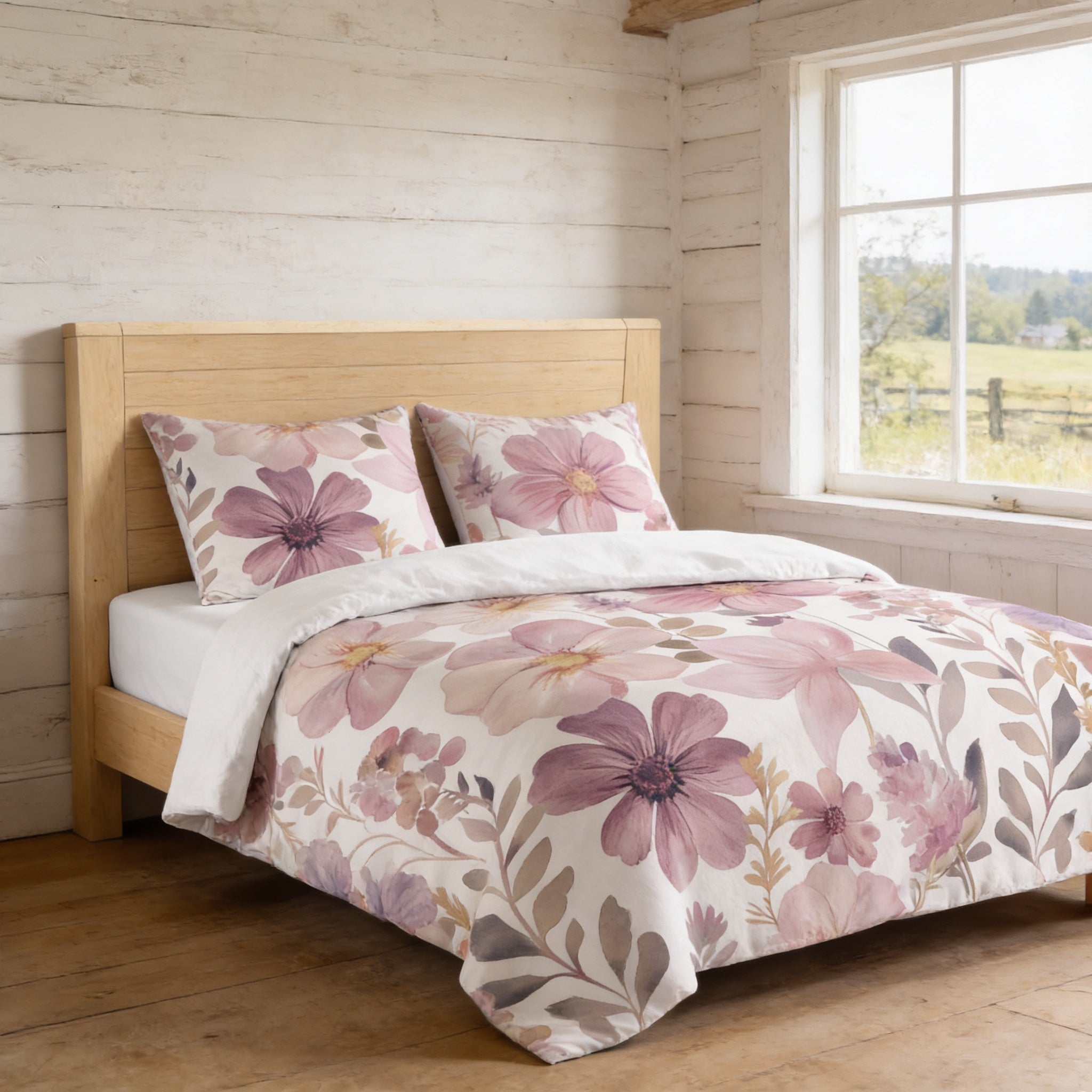 a bedroom with a bed covered in a floral comforter and pillows. The bed is positioned against a wall with a window, providing a view of a field outside.