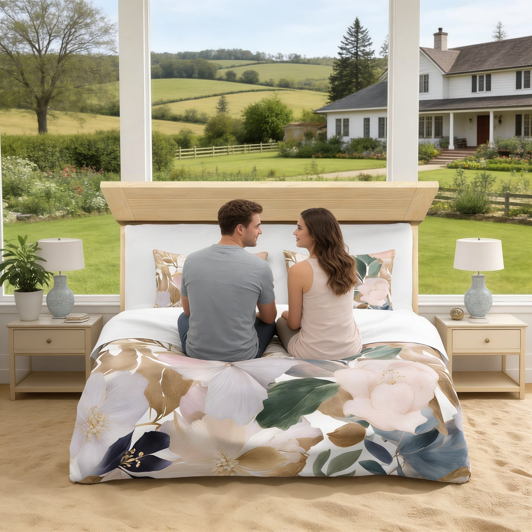 A couple sits on a bed with a floral bedspread, overlooking a picturesque rural landscape through a large window.