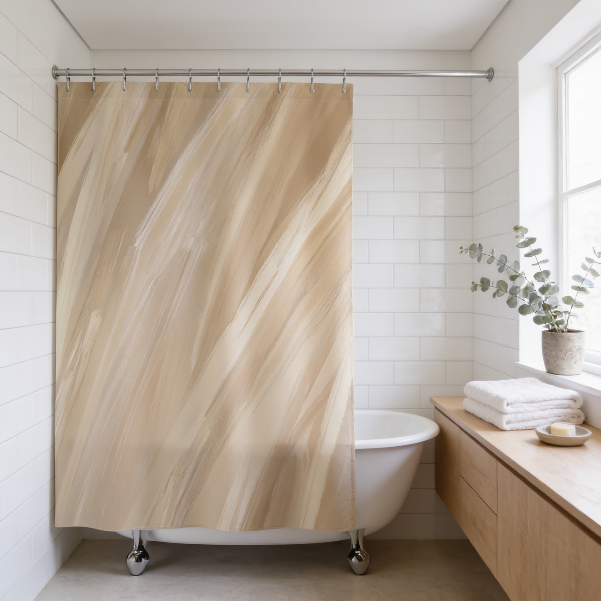 a bathroom with a white bathtub, a shower curtain with a beige abstract design, and a window above the bathtub.