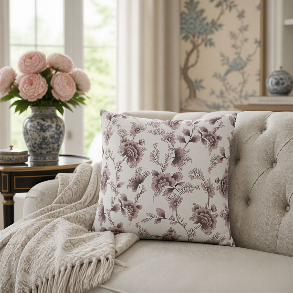 a cozy living room with a beige sofa adorned with a floral throw pillow and a white blanket draped over it. In the background, there is a vase filled with pink peonies, and a window with curtains can be seen.