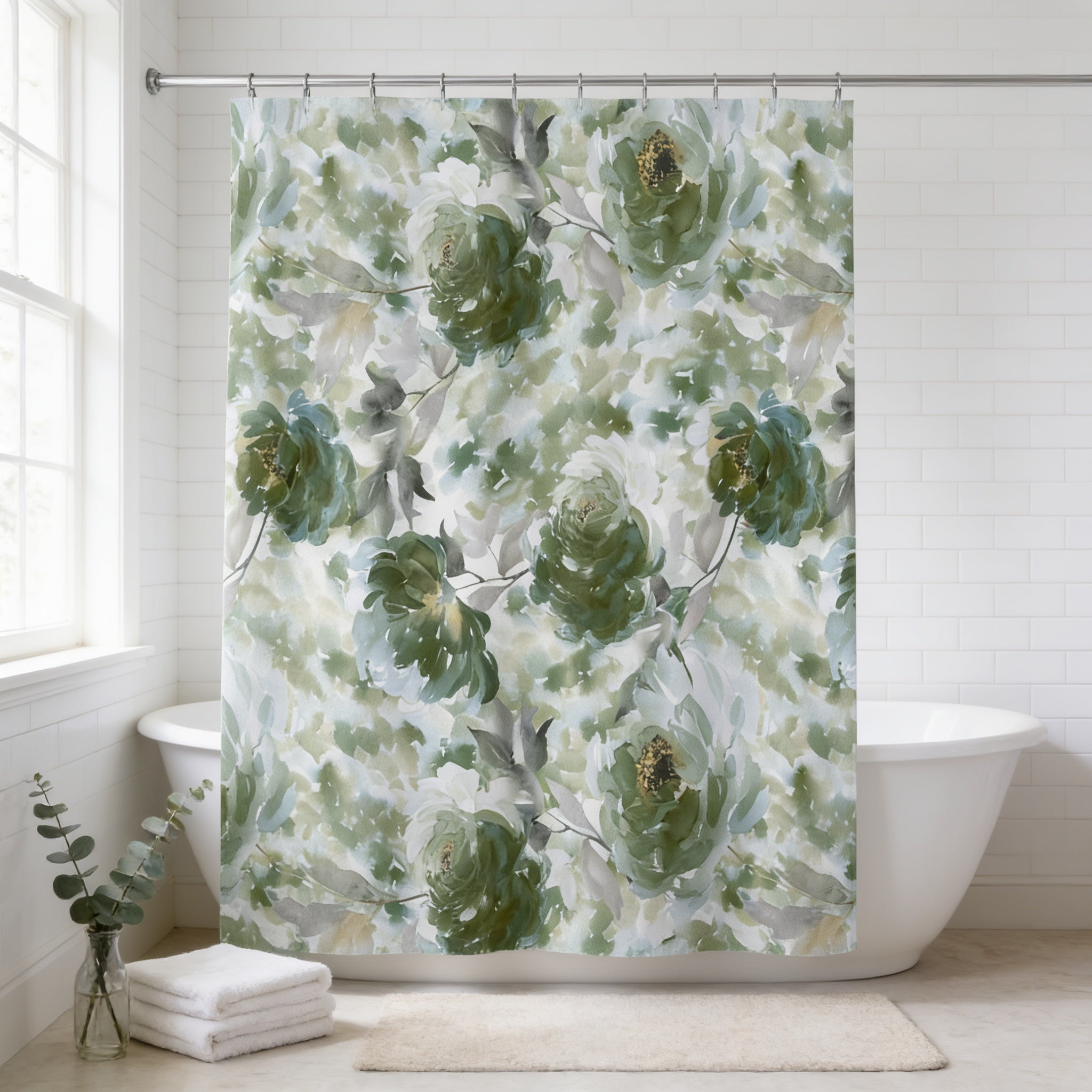 a bathroom with a shower curtain adorned with a floral pattern in shades of green and white. The shower curtain is hanging from a rod, and there are two white bathtubs visible in the background.