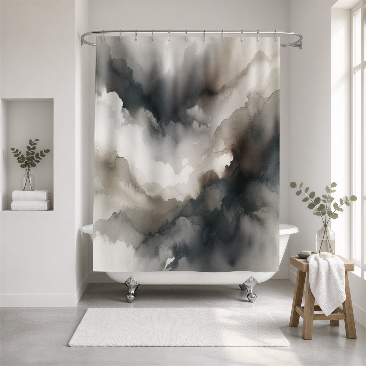 a bathroom with a white bathtub, a large abstract shower curtain with a cloudy sky design, and a small table with a plant on it.