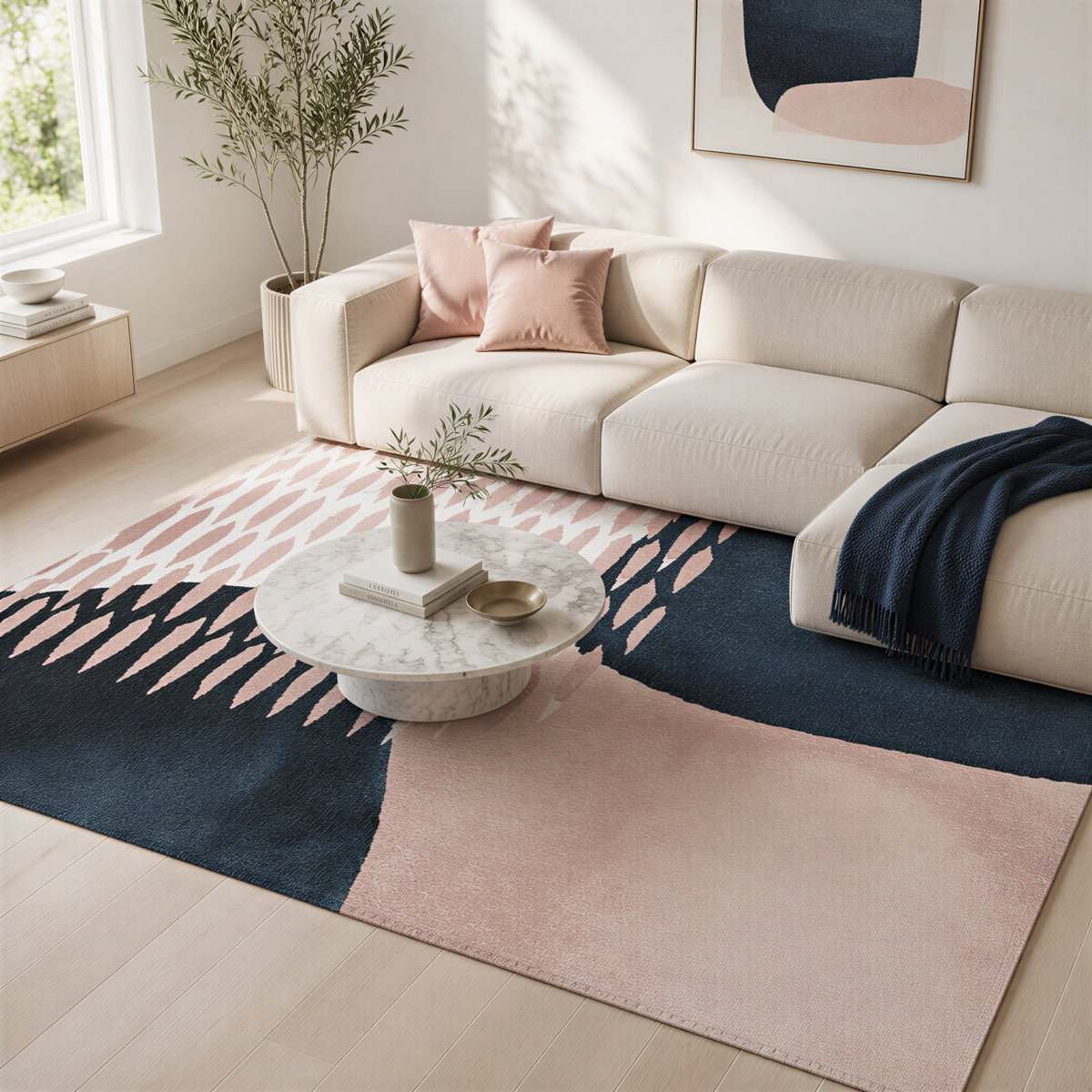 a modern living room with a white sofa, a round marble coffee table, and a large abstract rug with a mix of pink and blue colors.