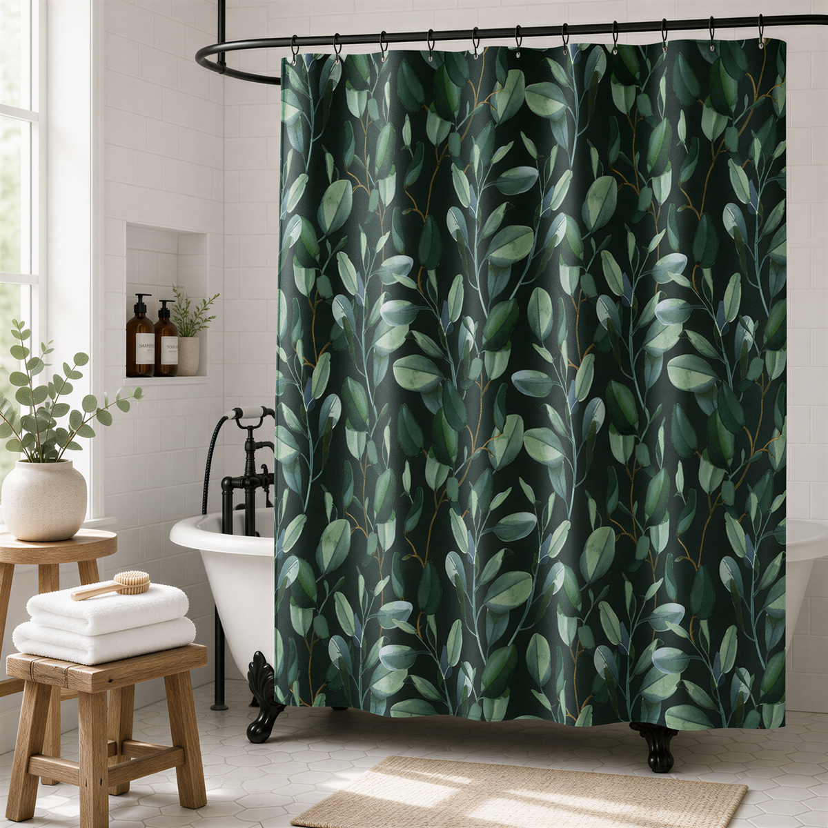a bathroom with a green leafy patterned shower curtain, a white bathtub, and a wooden stool.