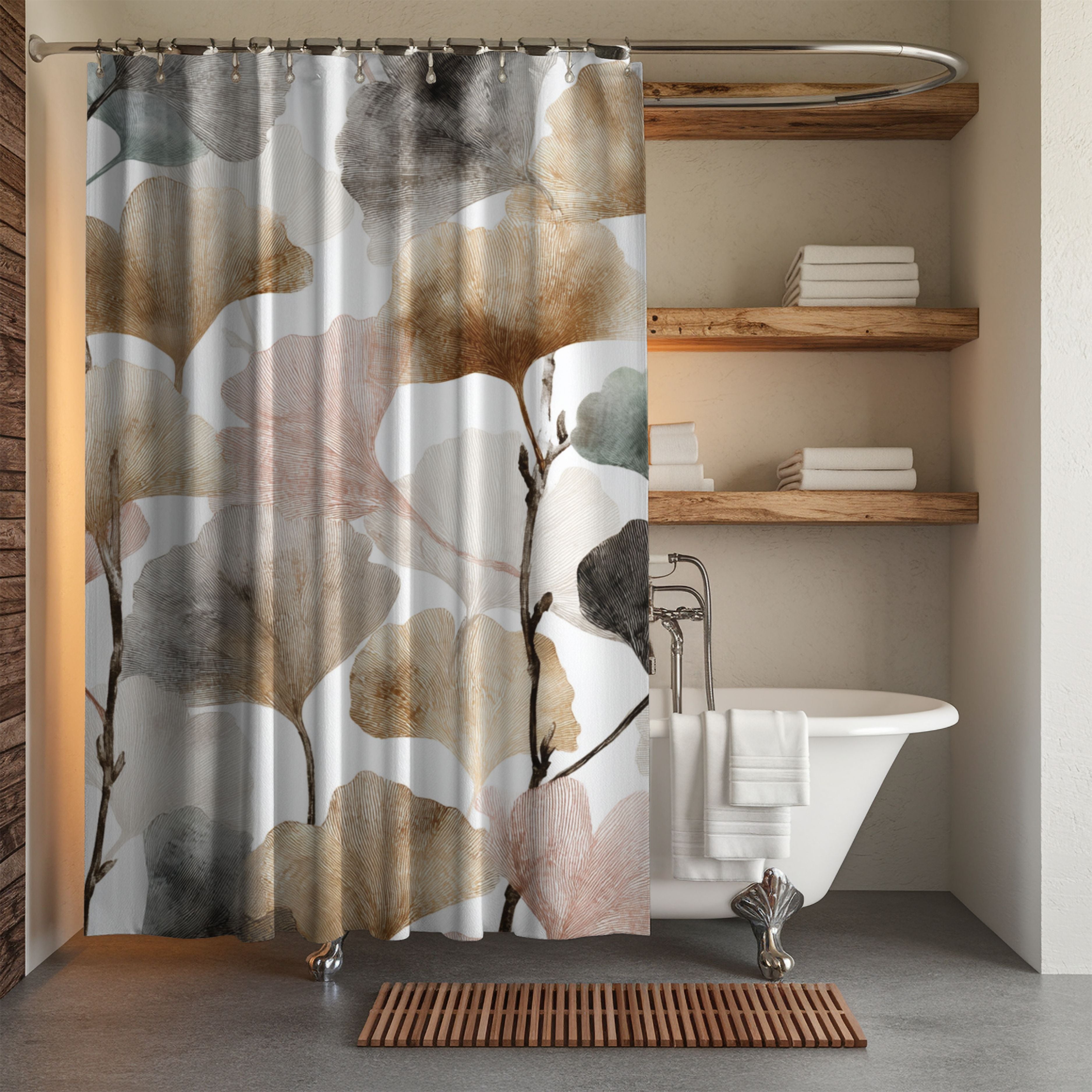 Gingko Boho Shower Curtain | Floral Leaves Bathroom Decor