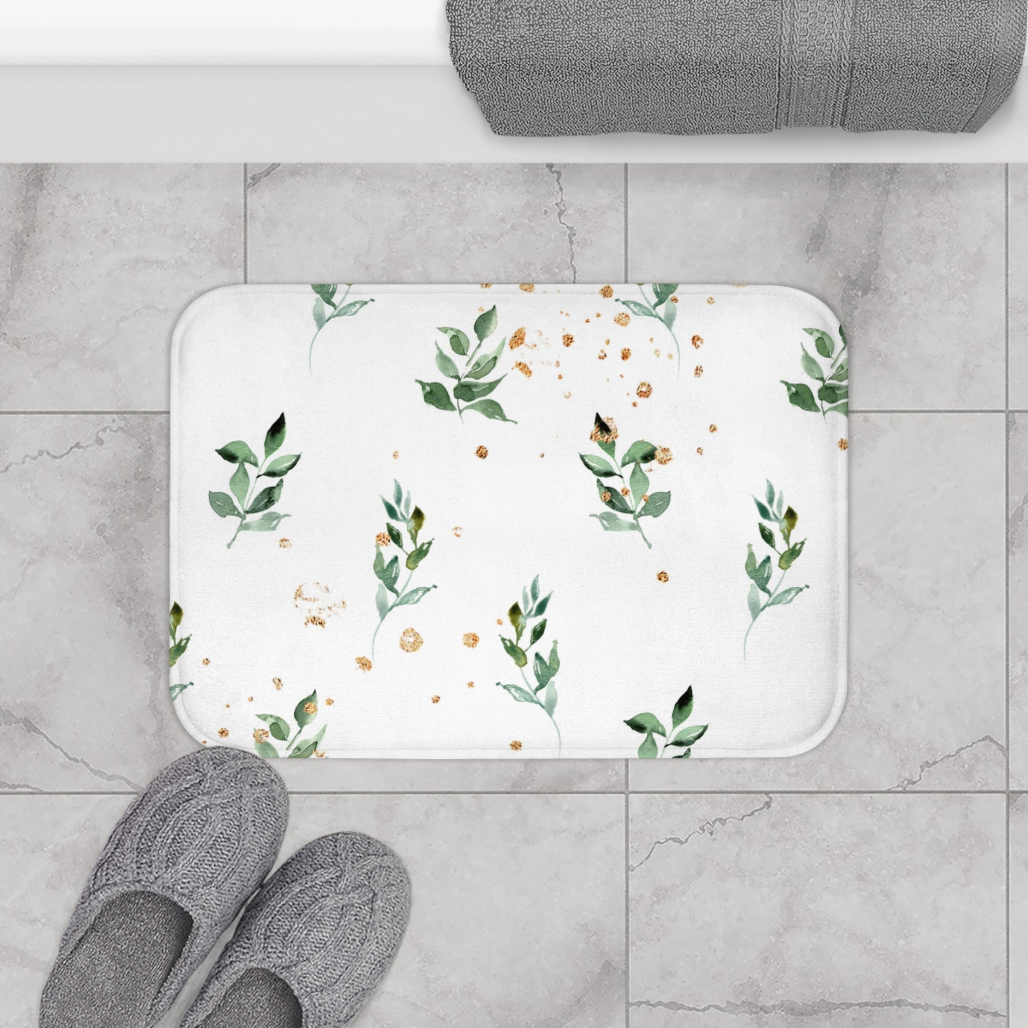 Floral Boho Bath, Kitchen Mat, Rug | White Sage Green Leaves
