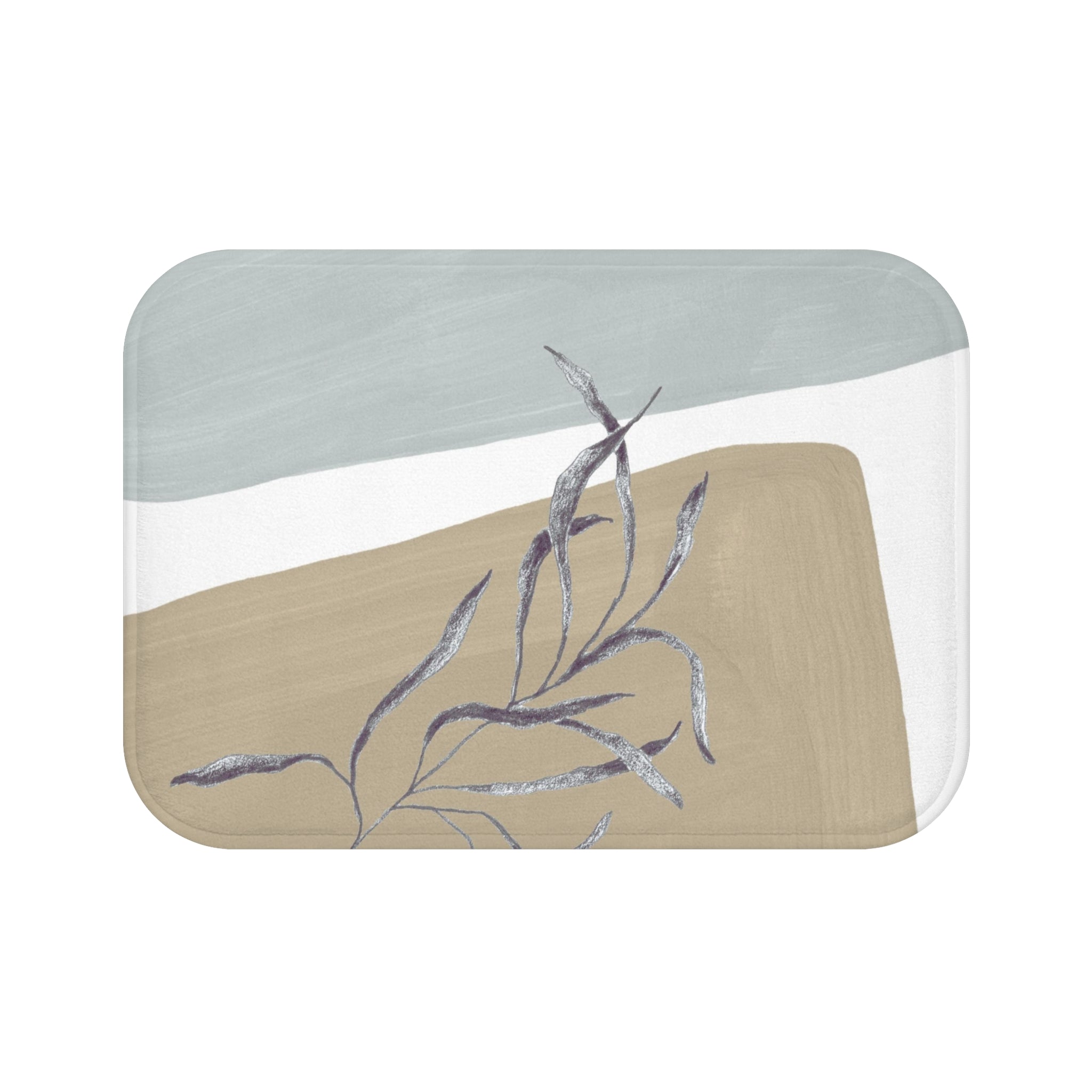 Abstract Boho Bath Mat | Modern Organic, Beige Blue Grey leaf