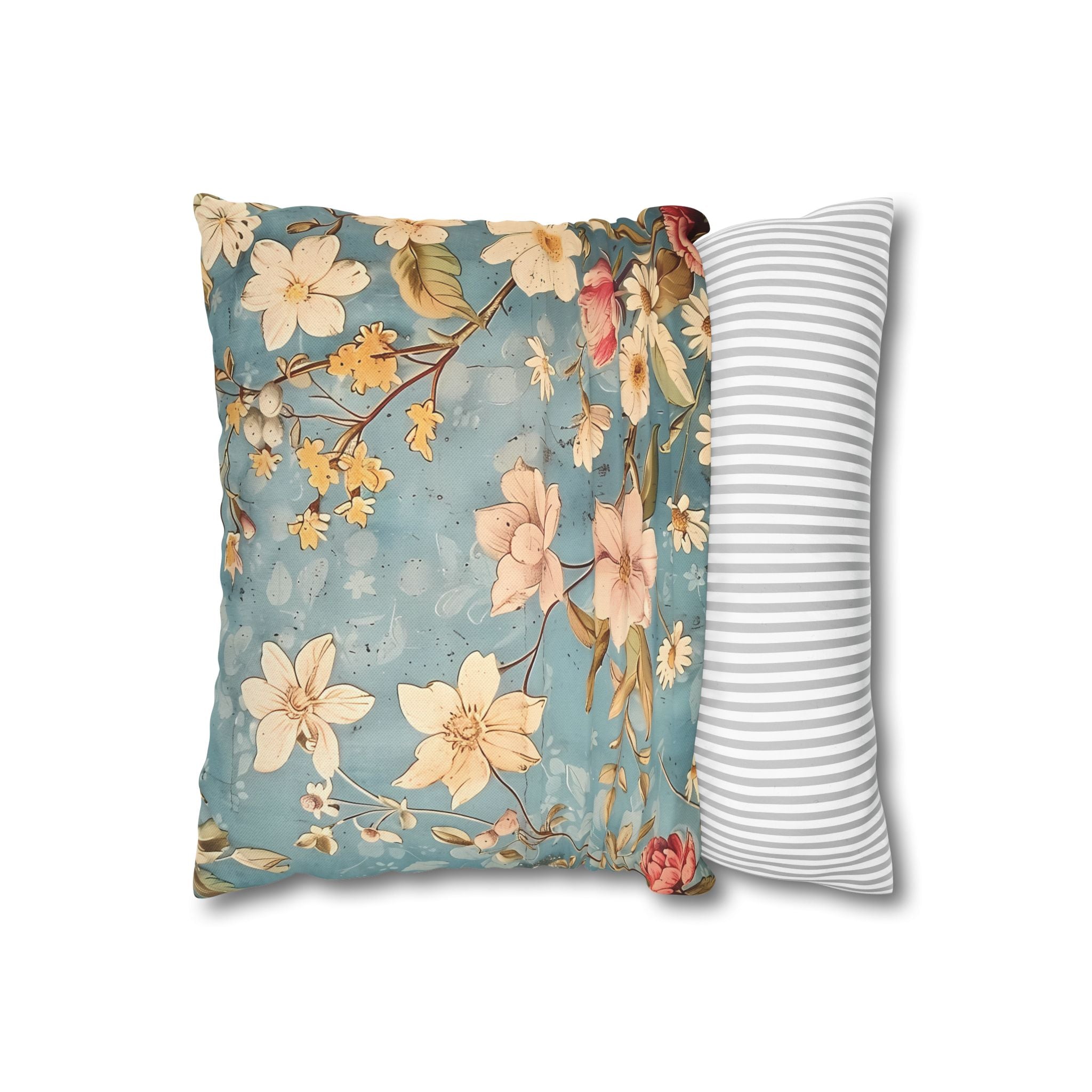 Vintage Floral Pillow Cover | Blue Ivory Pink Colorful Botanical