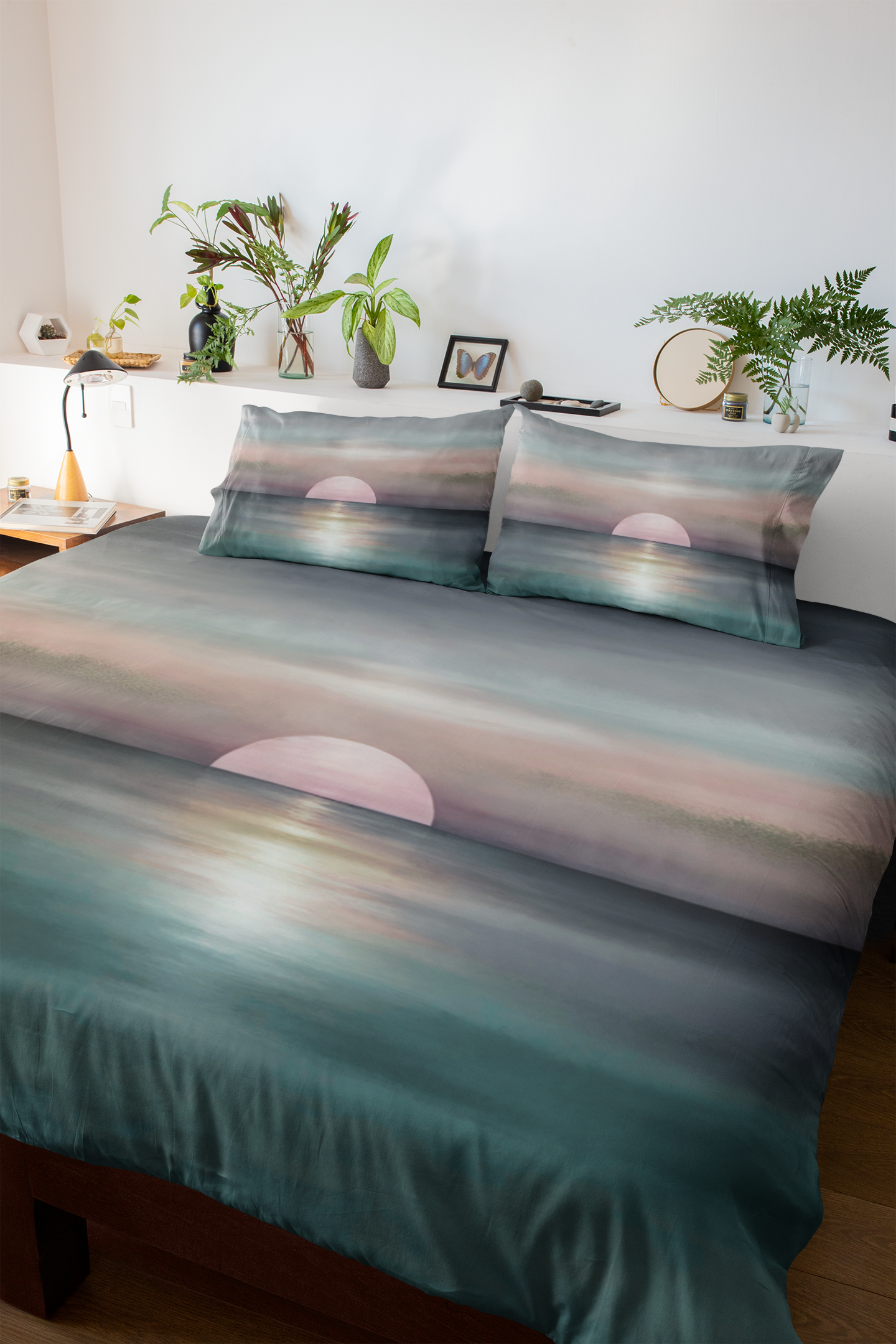 Abstract Ocean Duvet Pillow Cover Set | Teal Green Blue, Pink Sun