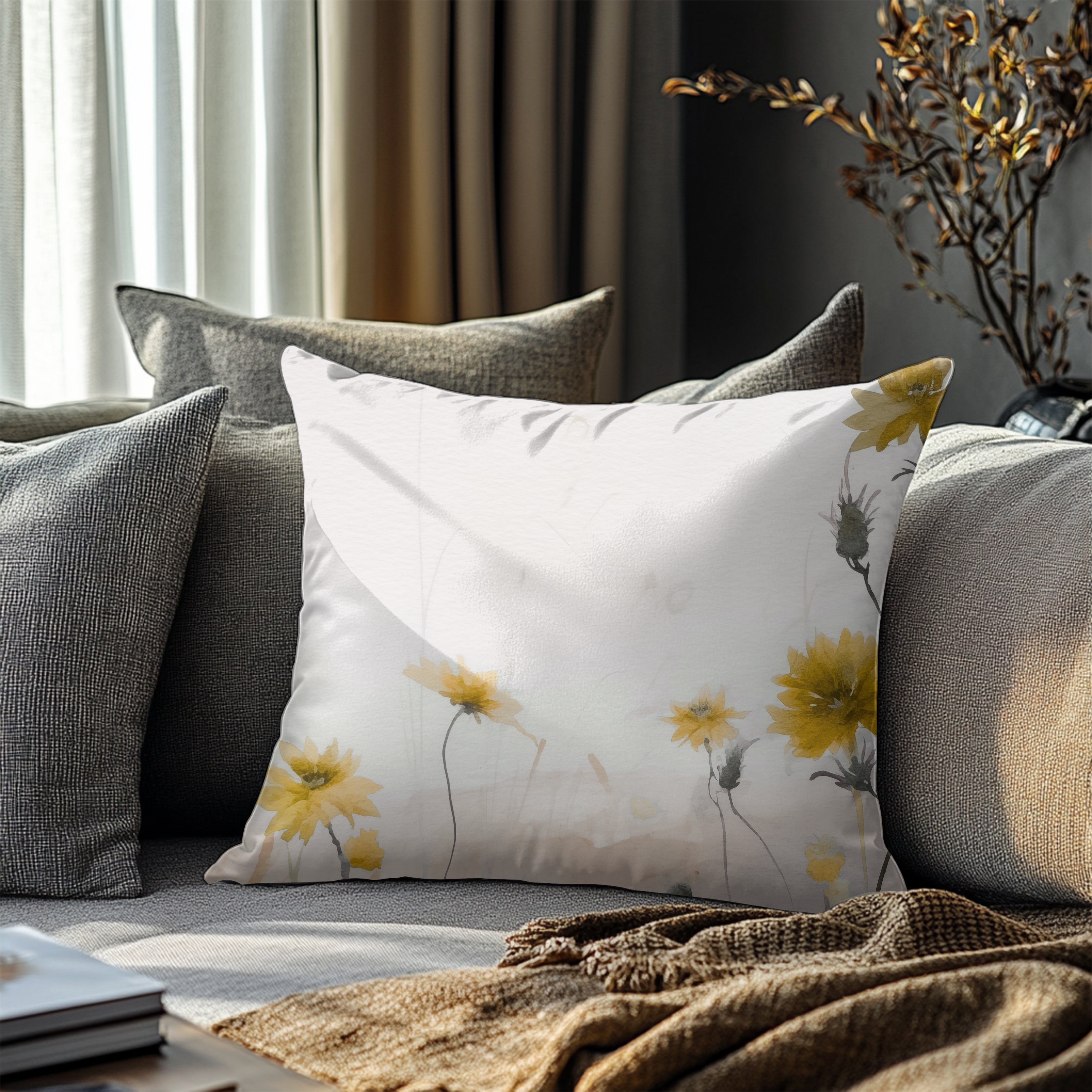 Floral Pillow Cover | Meadow Yellow Wildflowers Beige