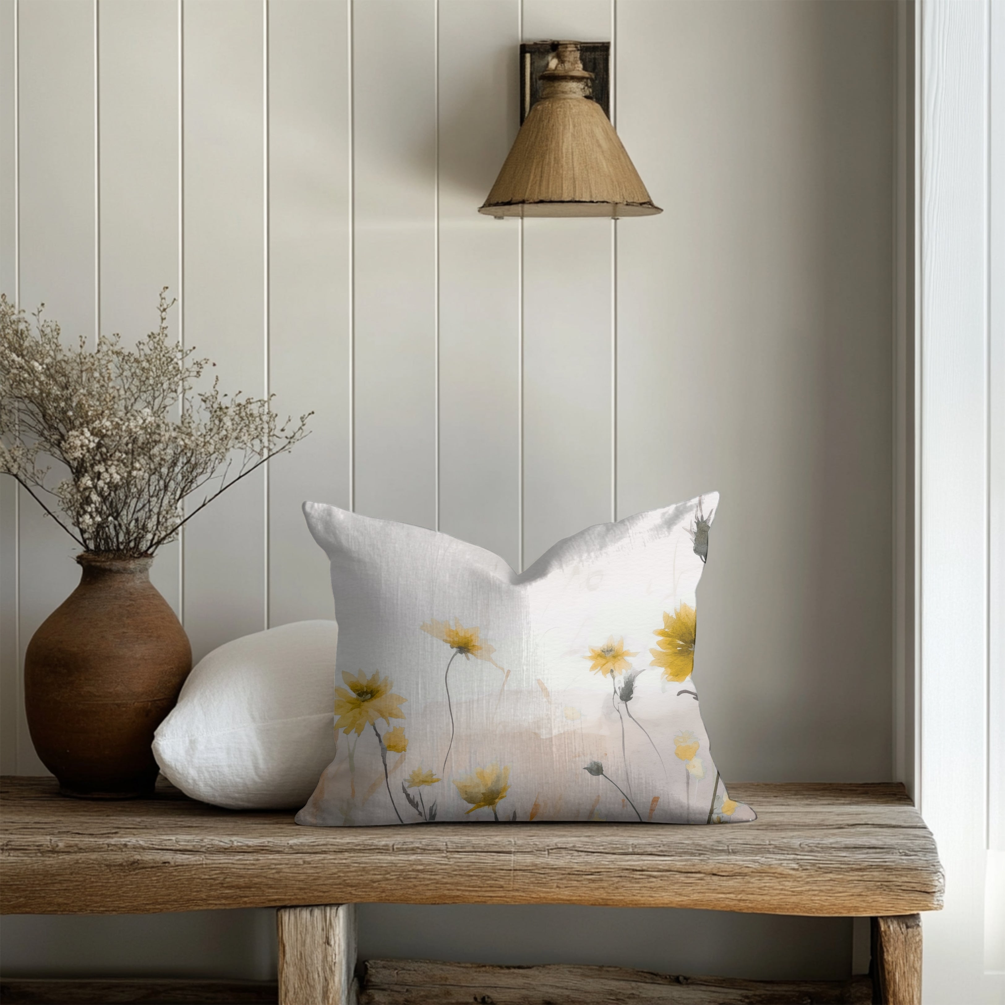 Floral Pillow Cover | Meadow Yellow Wildflowers Beige