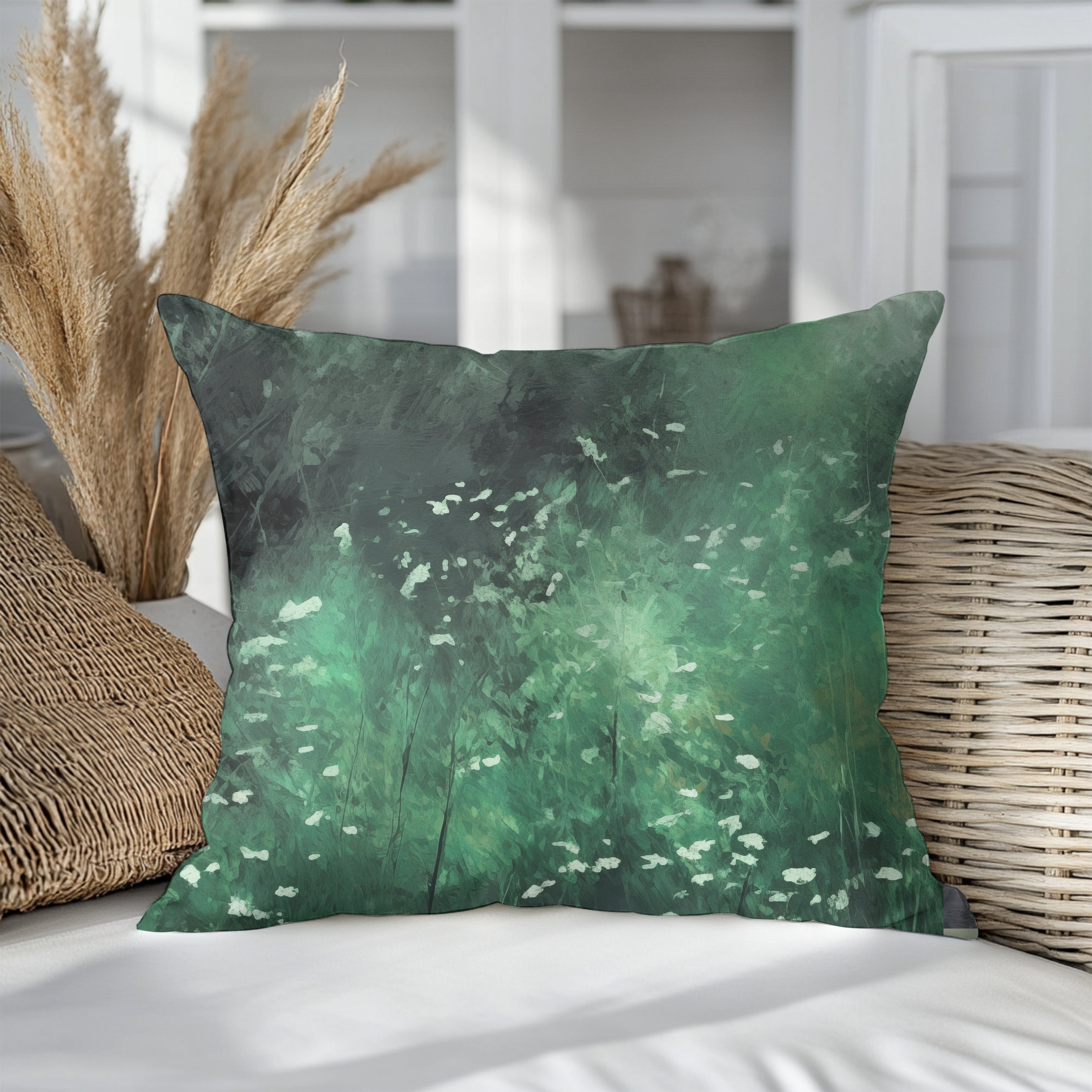Green Floral Pillow Cover | Meadow Emerald Wildflowers