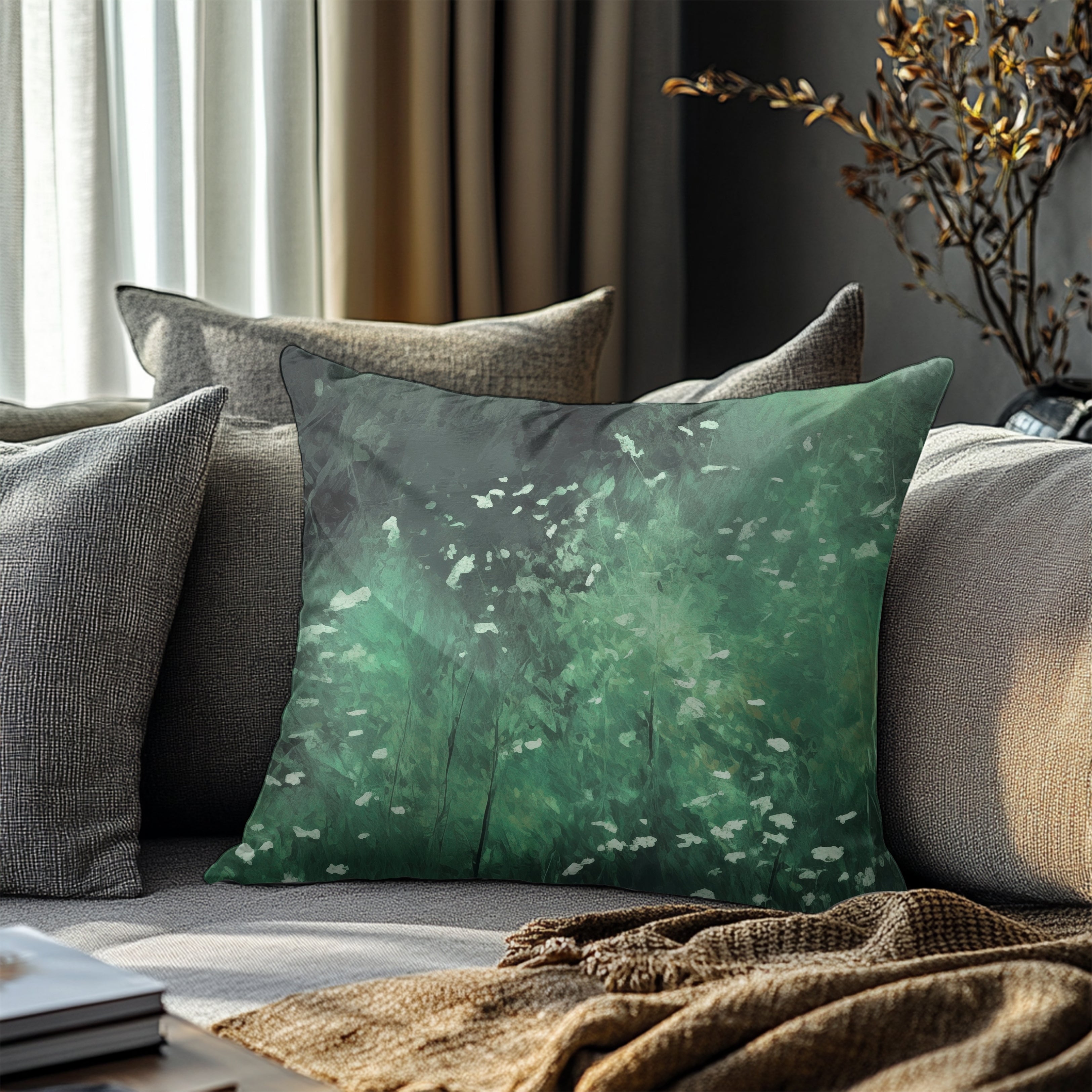 Green Floral Pillow Cover | Meadow Emerald Wildflowers