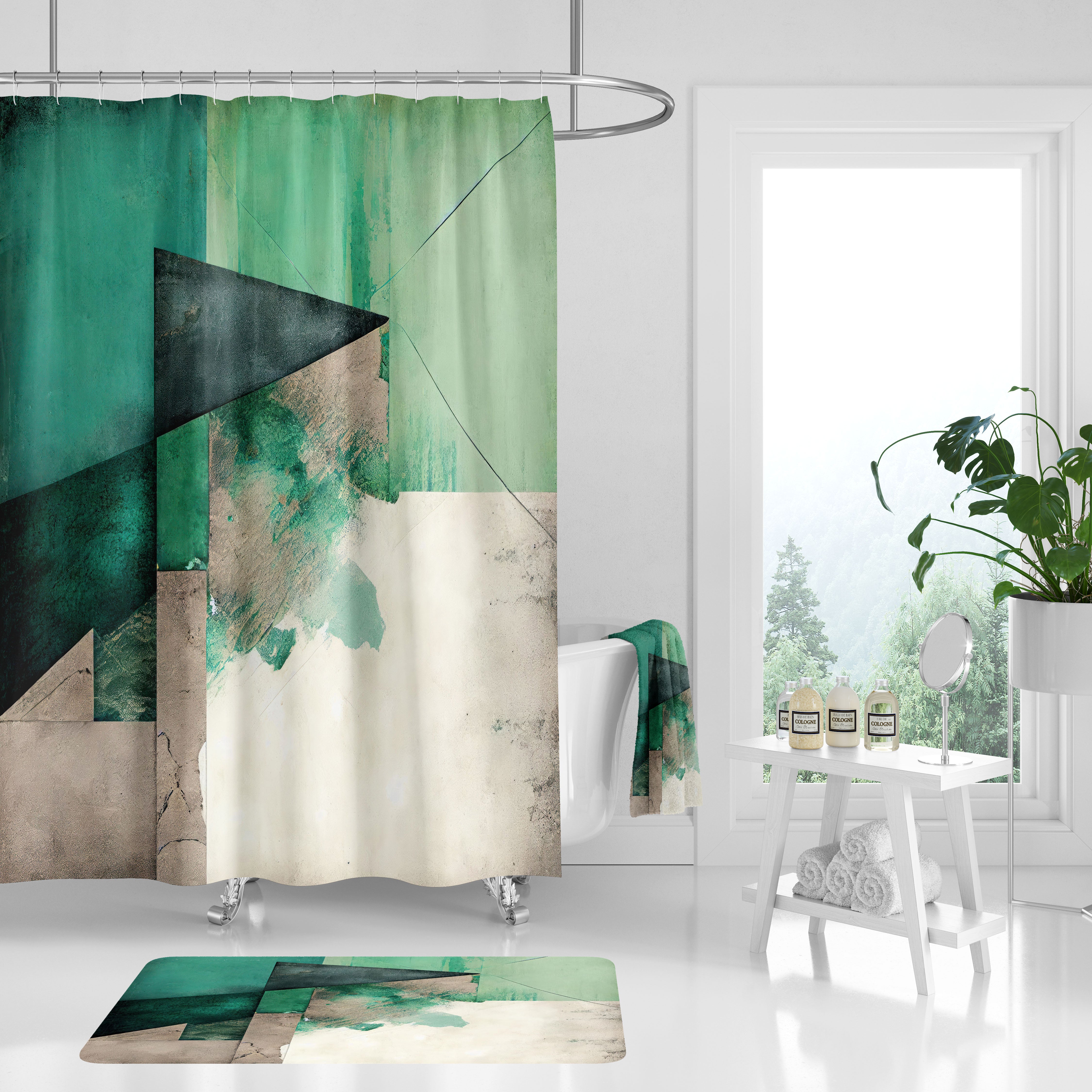 Green Boho Shower Curtain, Bath Mat | Beige Geometric Bathroom Set