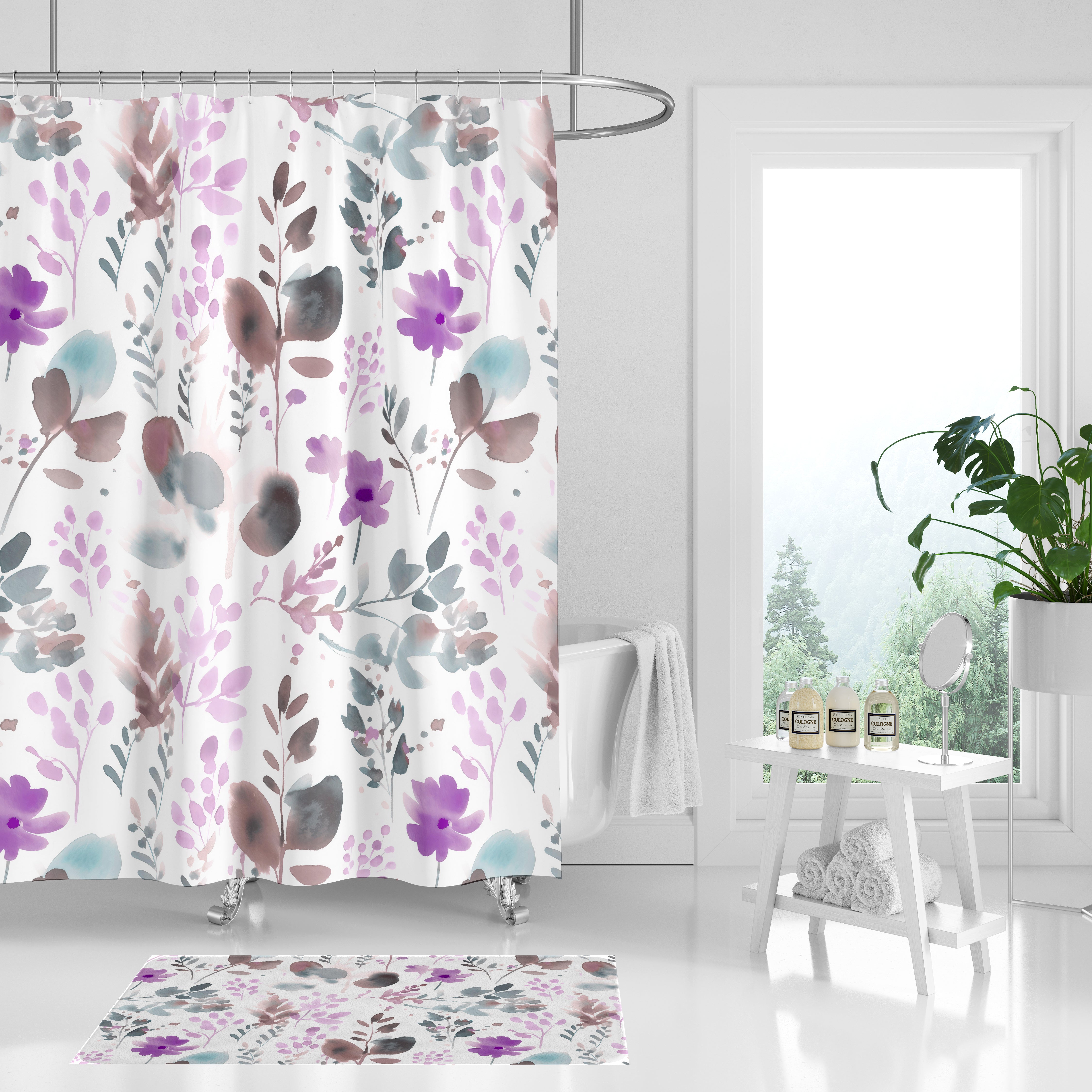 Boho Shower Curtain, Bath Mat | Lilac Purple Blue White Bathroom Set