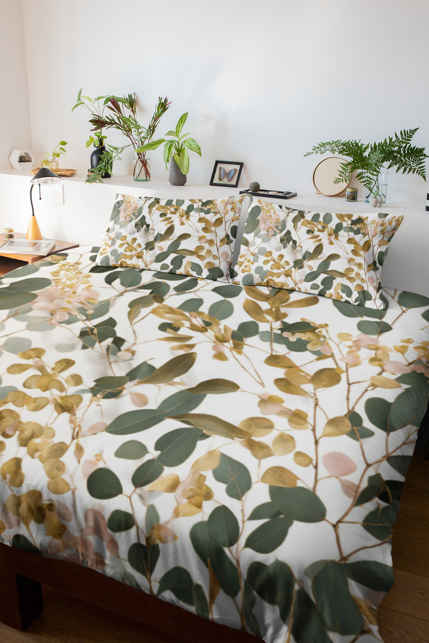 Floral Duvet Cover | Forest Sage Green, White Beige Eucalyptus Leaves Bedding Boho Decor