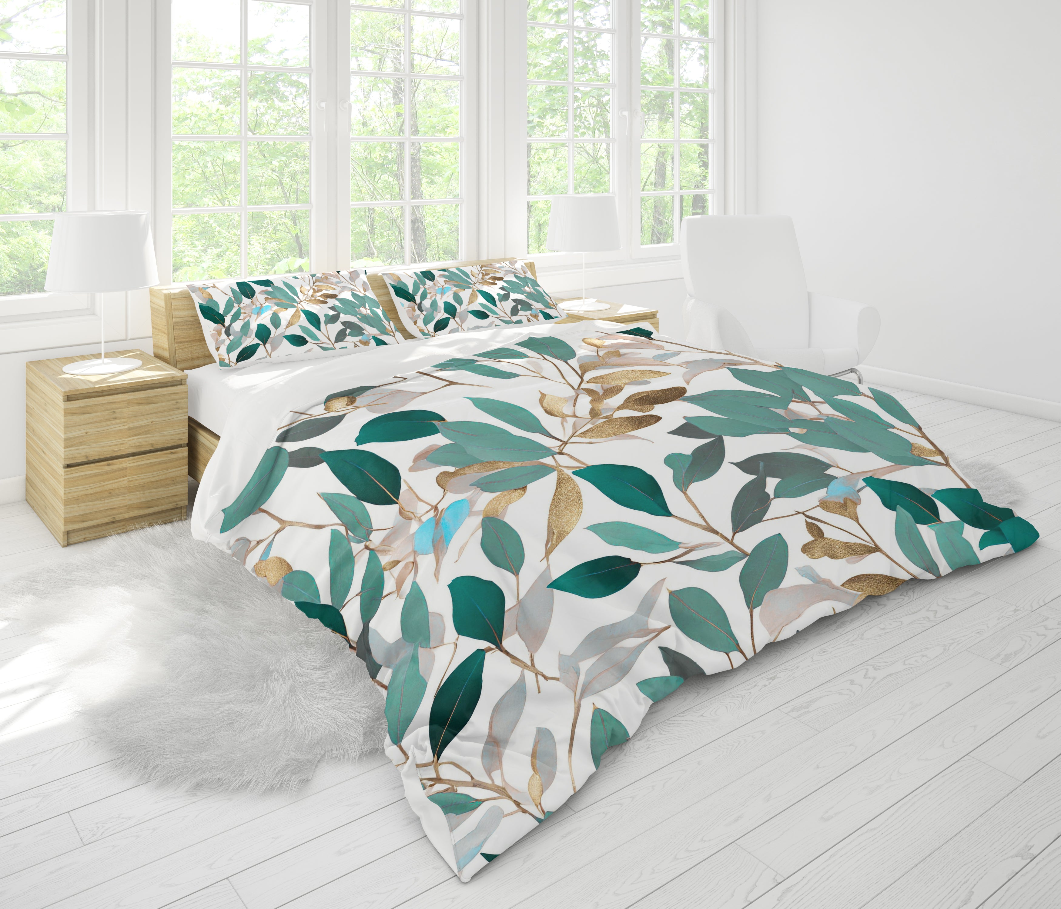 Floral Duvet, Pillow Cover | Teal Green Grey White Bedroom Decor