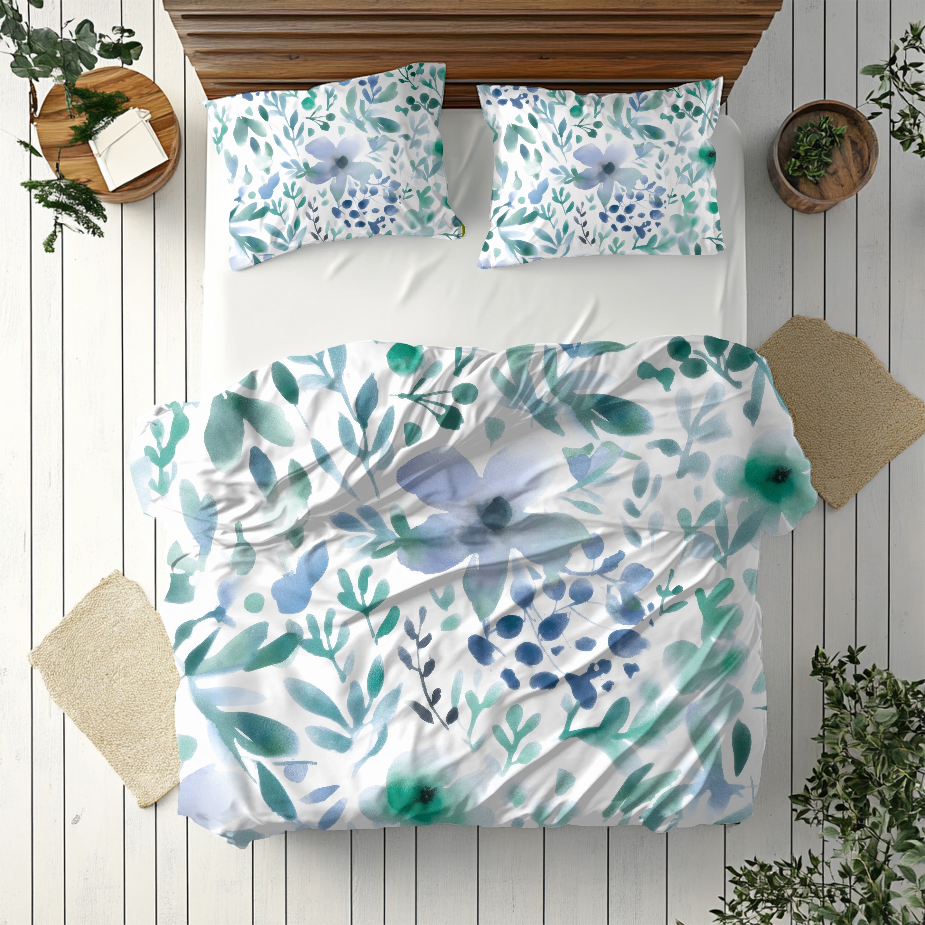 Abstract Duvet, Pillow Cover | Floral, Teal Green Blue White Bedroom Decor